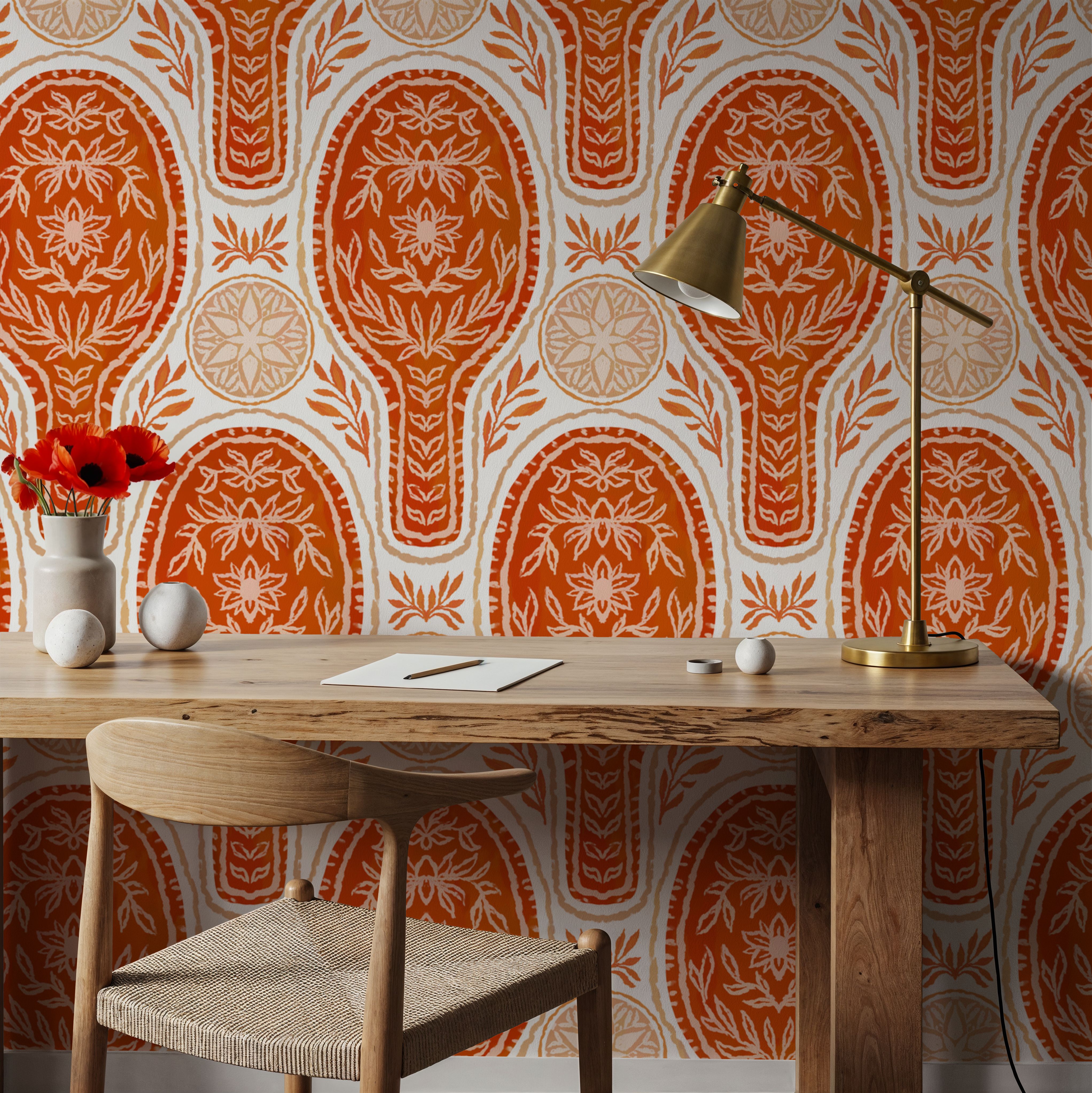 Floral Rackets, Red, Wallpaper