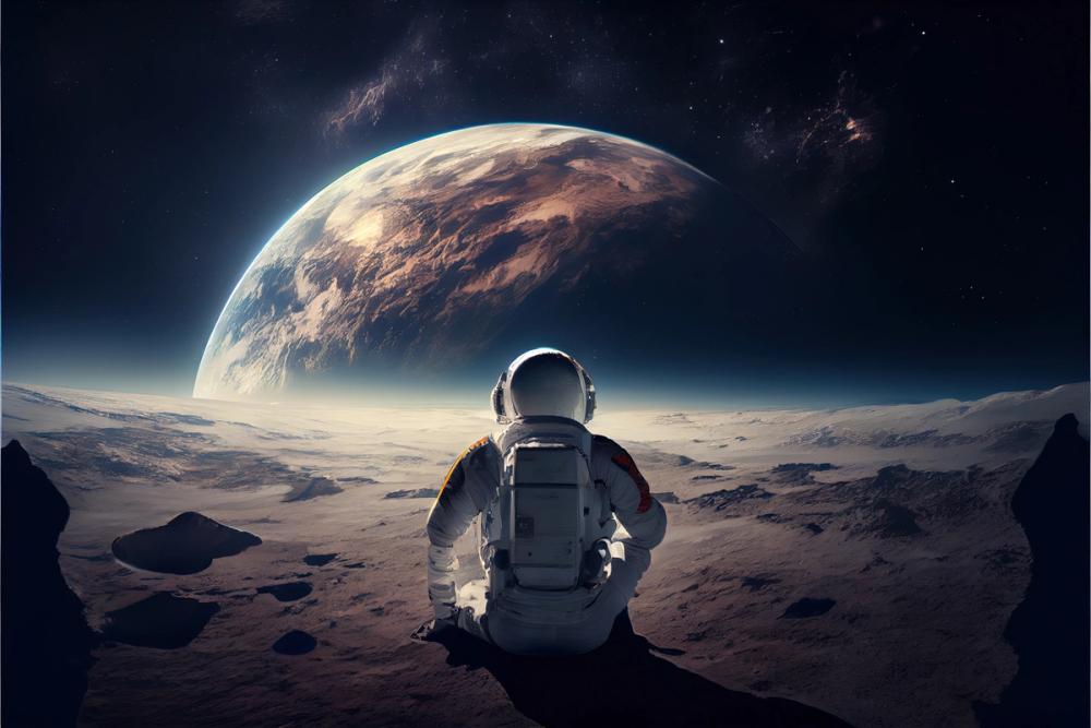 An astronaut facing a planet in space