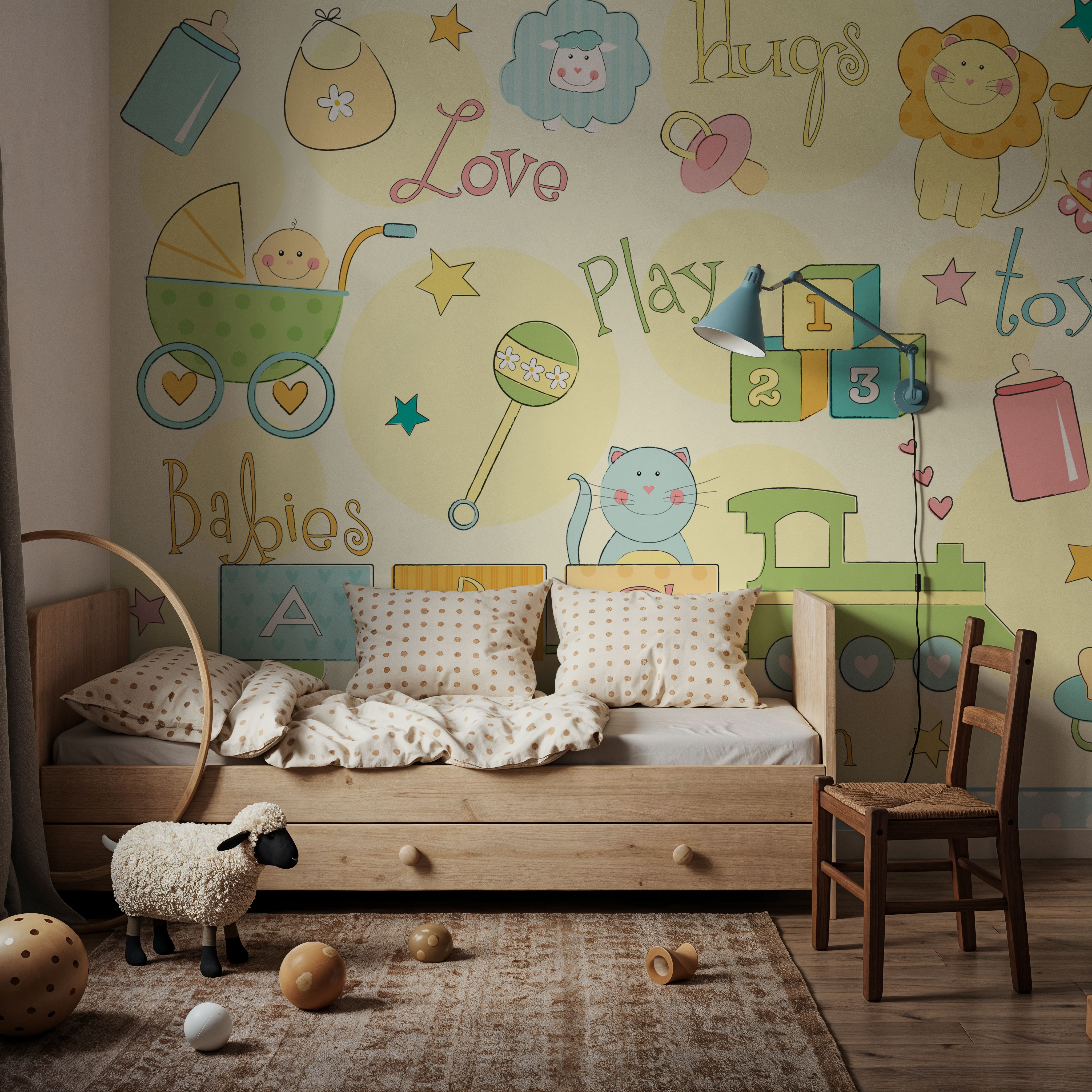 Wall Mural - Toys and Hugs I Blue - Graphics Vehicles mural wallpaper - Yellow - Kids' Room - Wallism UK - Premium, Textured or Peel & Stick