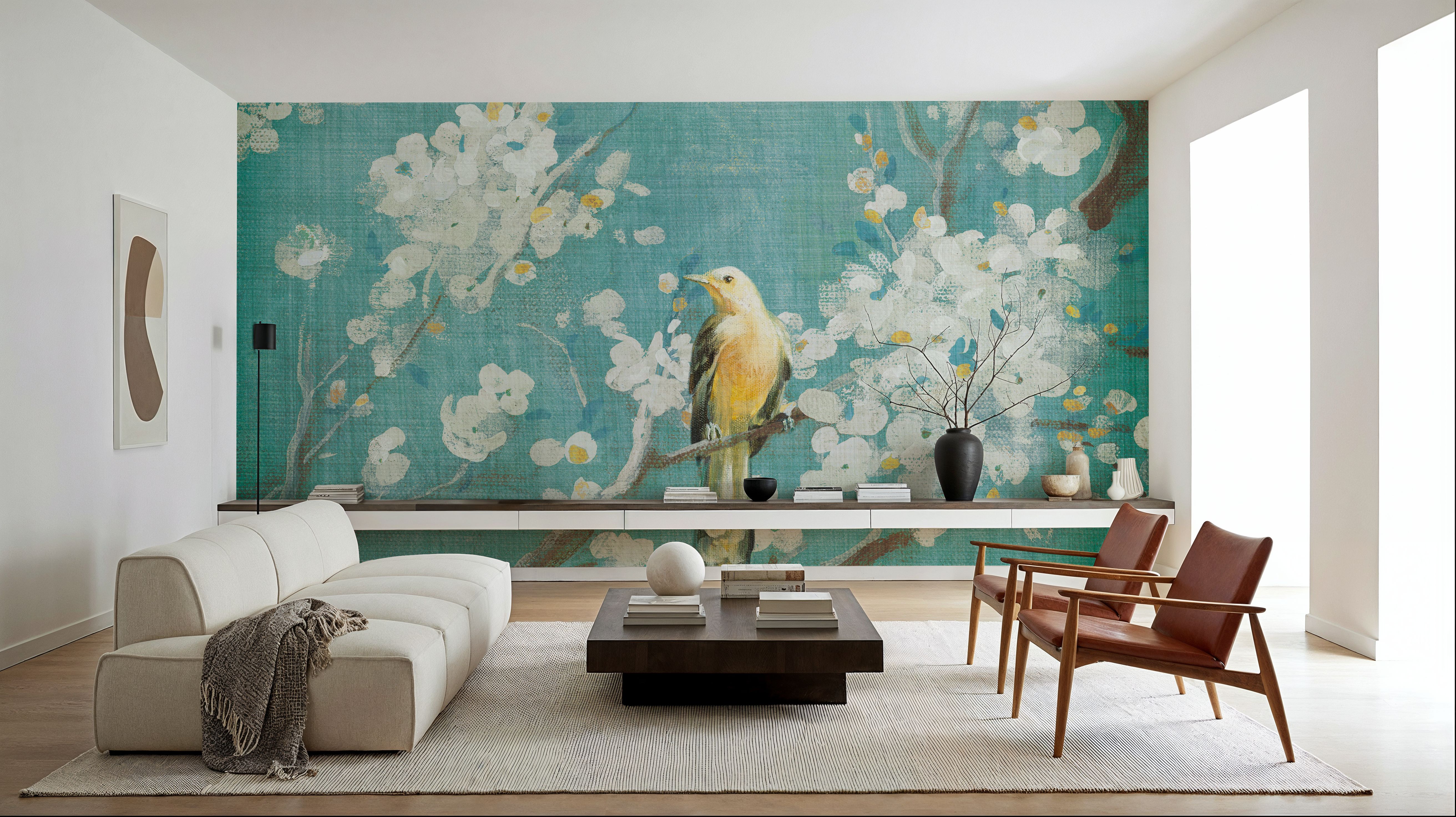 White Cherry Blossoms I on Blue Aged