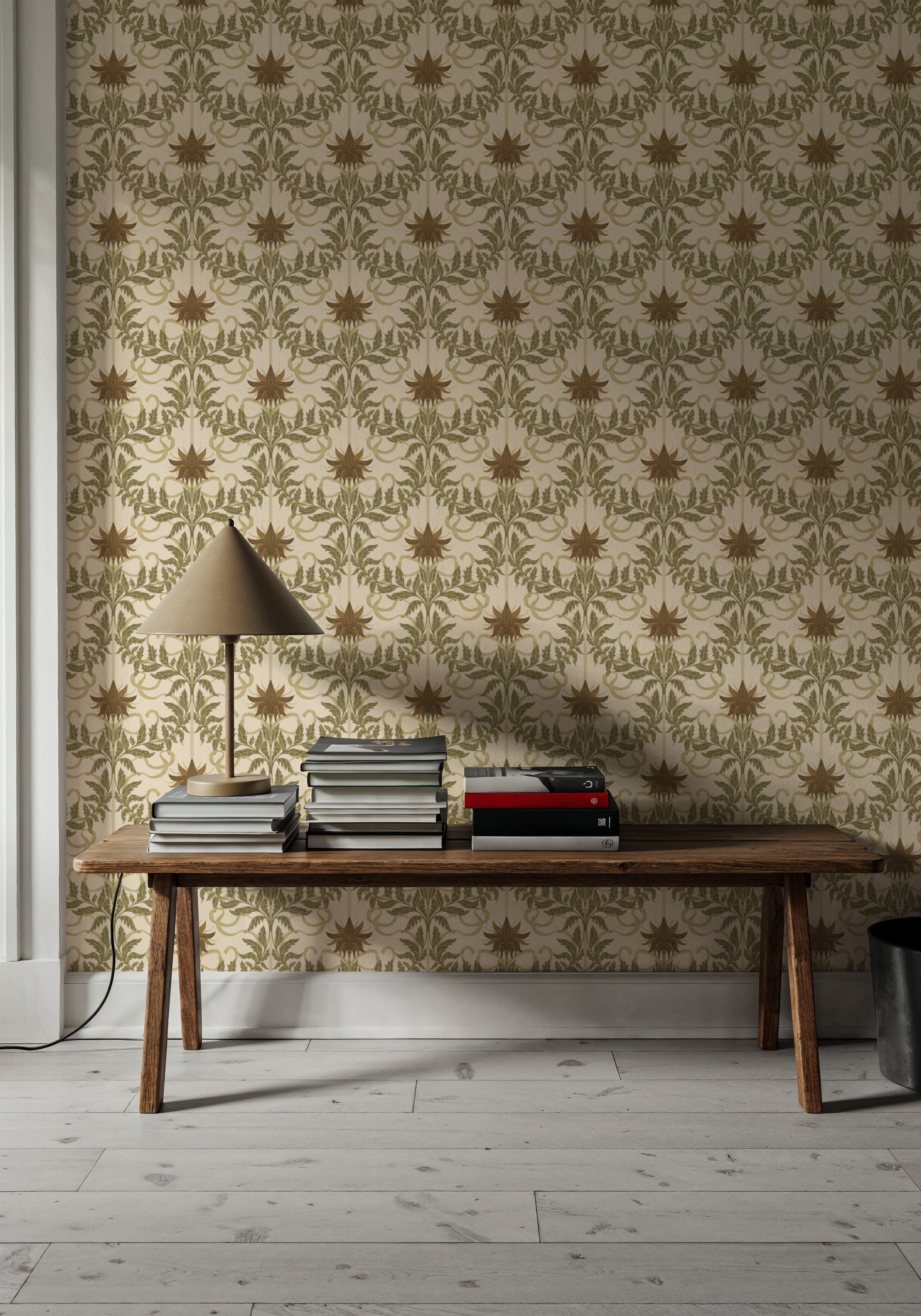 Floral Damask & Bows, Cream, Papel de parede