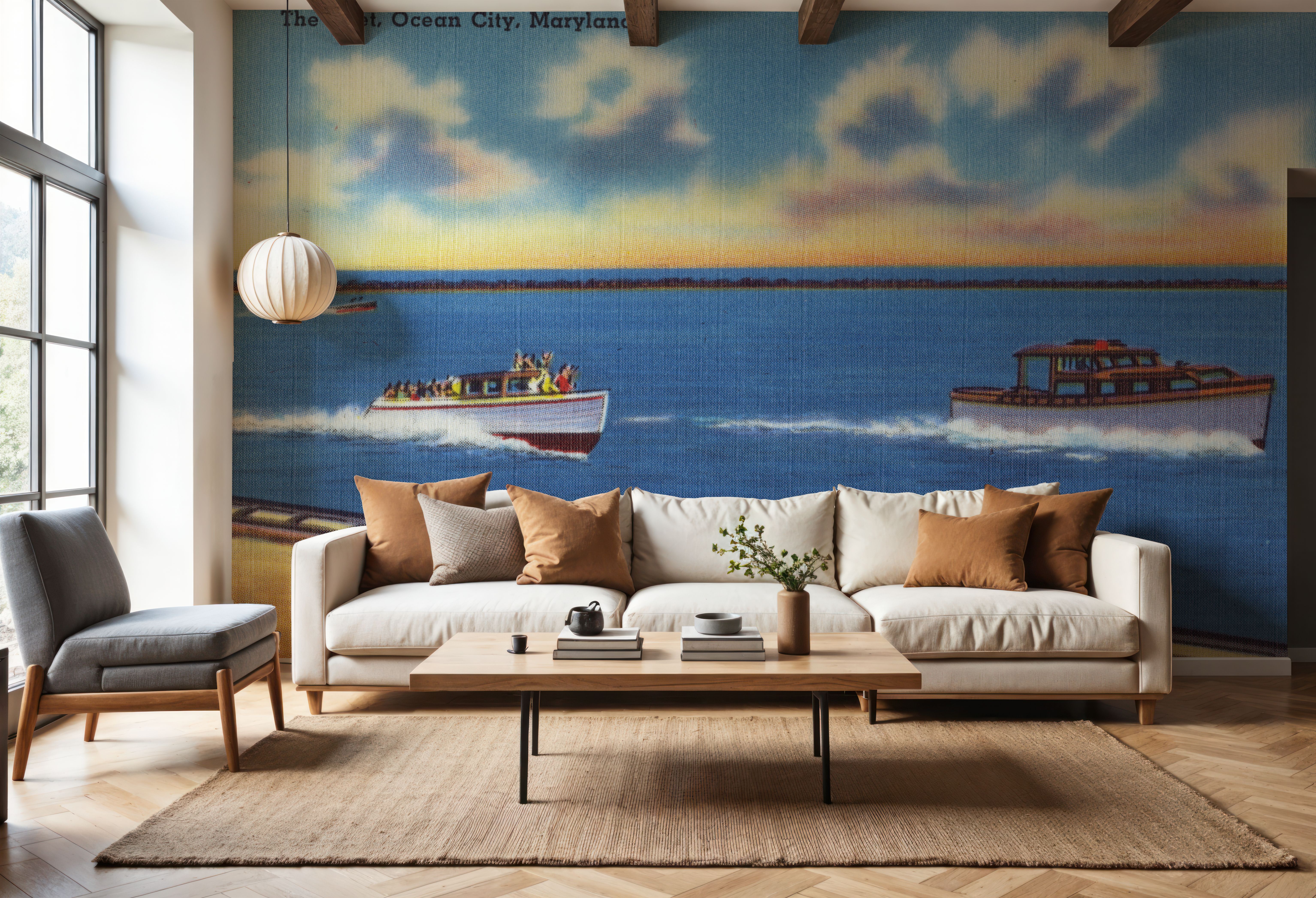 Wall Mural - Greetings from the Inlet - Screenprint Postcard - Blue - Dining Room - Wallism US - Premium, Textured or Peel & Stick