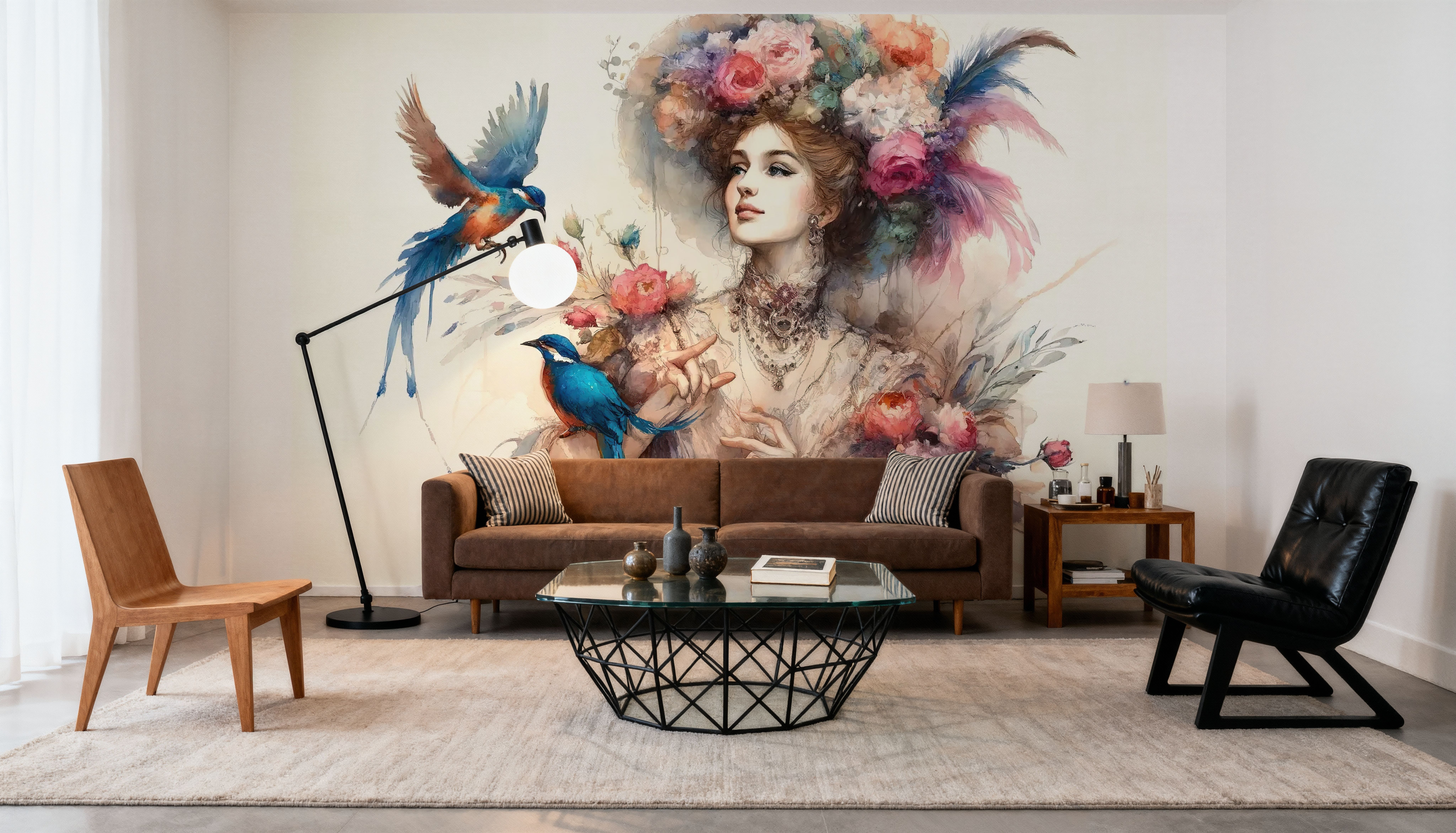 Enchanting Lady Amidst Blooms and Birds