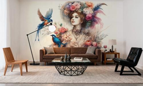 Enchanting Lady Amidst Blooms and Birds