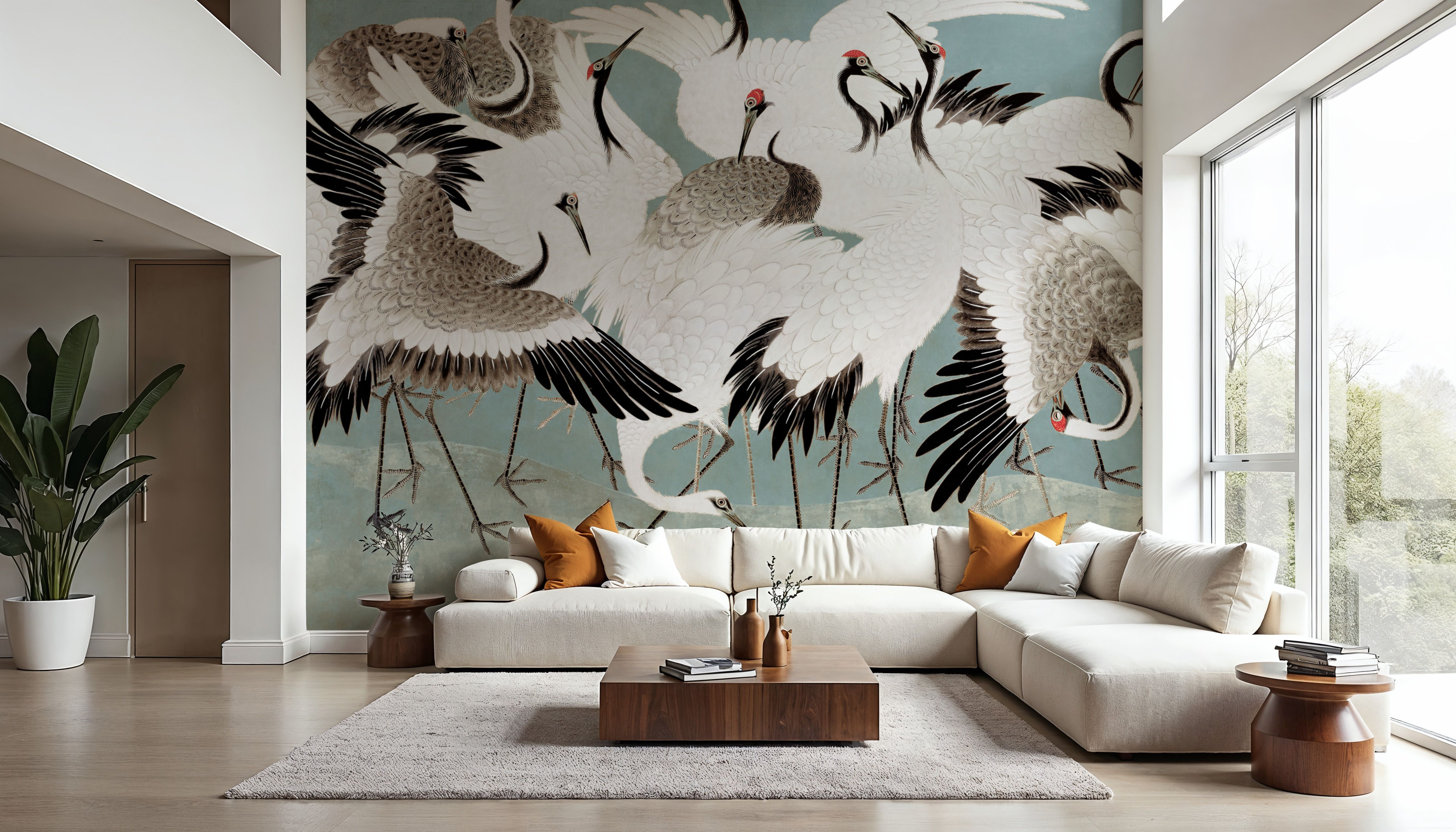 Japanese Flock of Cranes, Calm Ocean