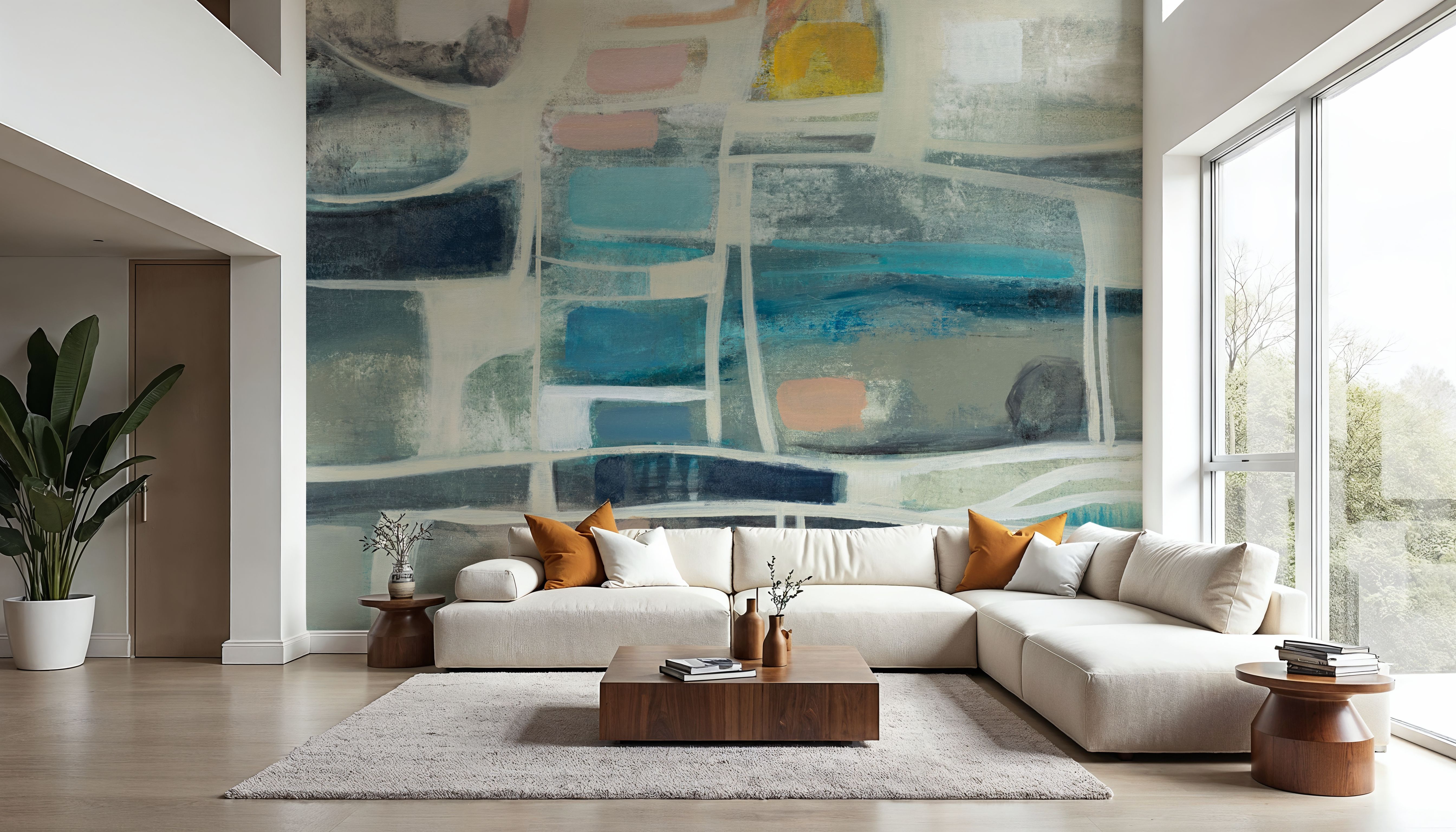 Wall Mural - Mid Modern Vintage - Abstract Contemporary mural wallpaper - Blue - Hallway staircases - Wallism US - Premium, Textured or Peel & Stick