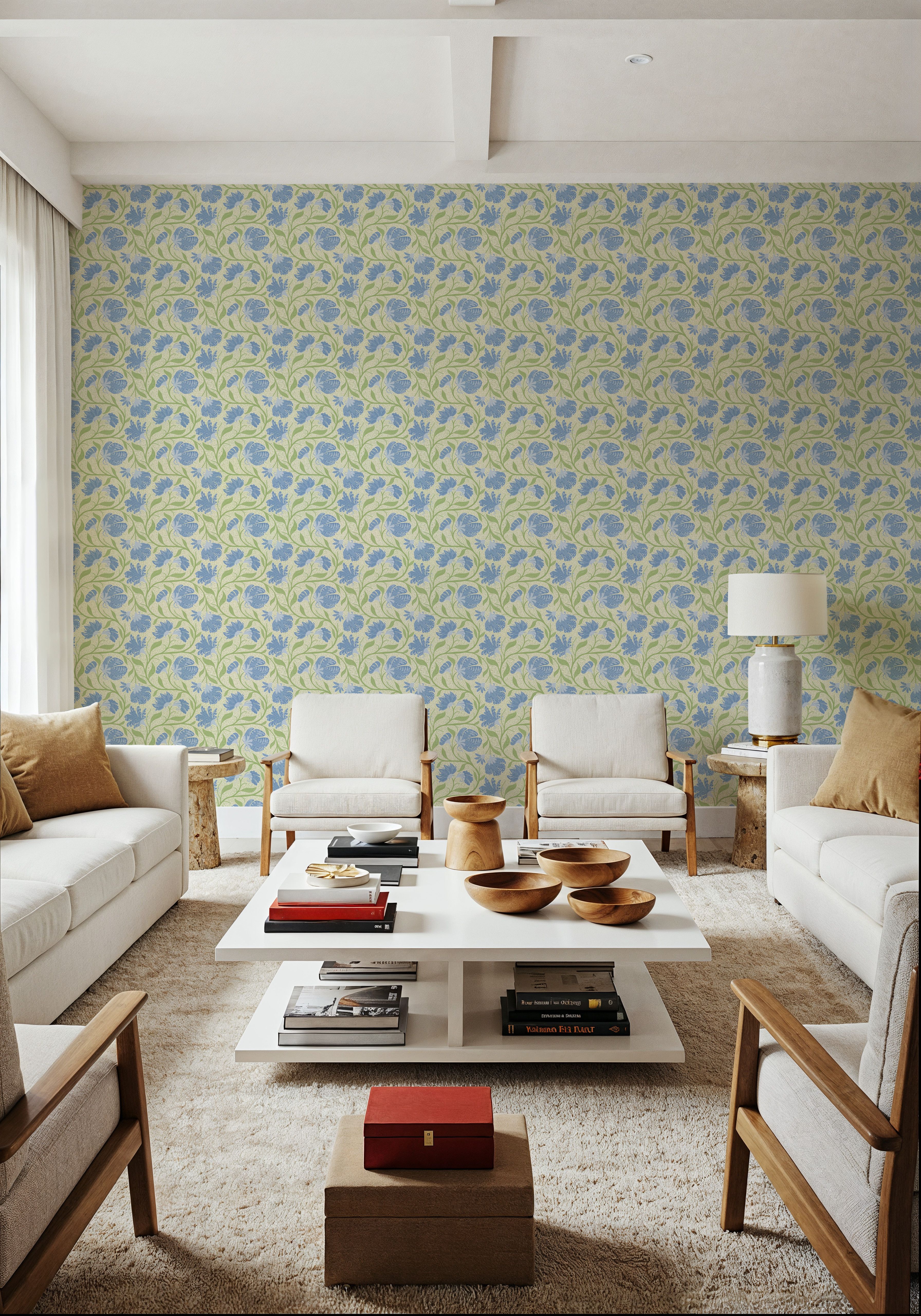Indial Floral, Baby Blue on Light Green