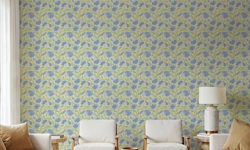 Indial Floral, Baby Blue on Light Green