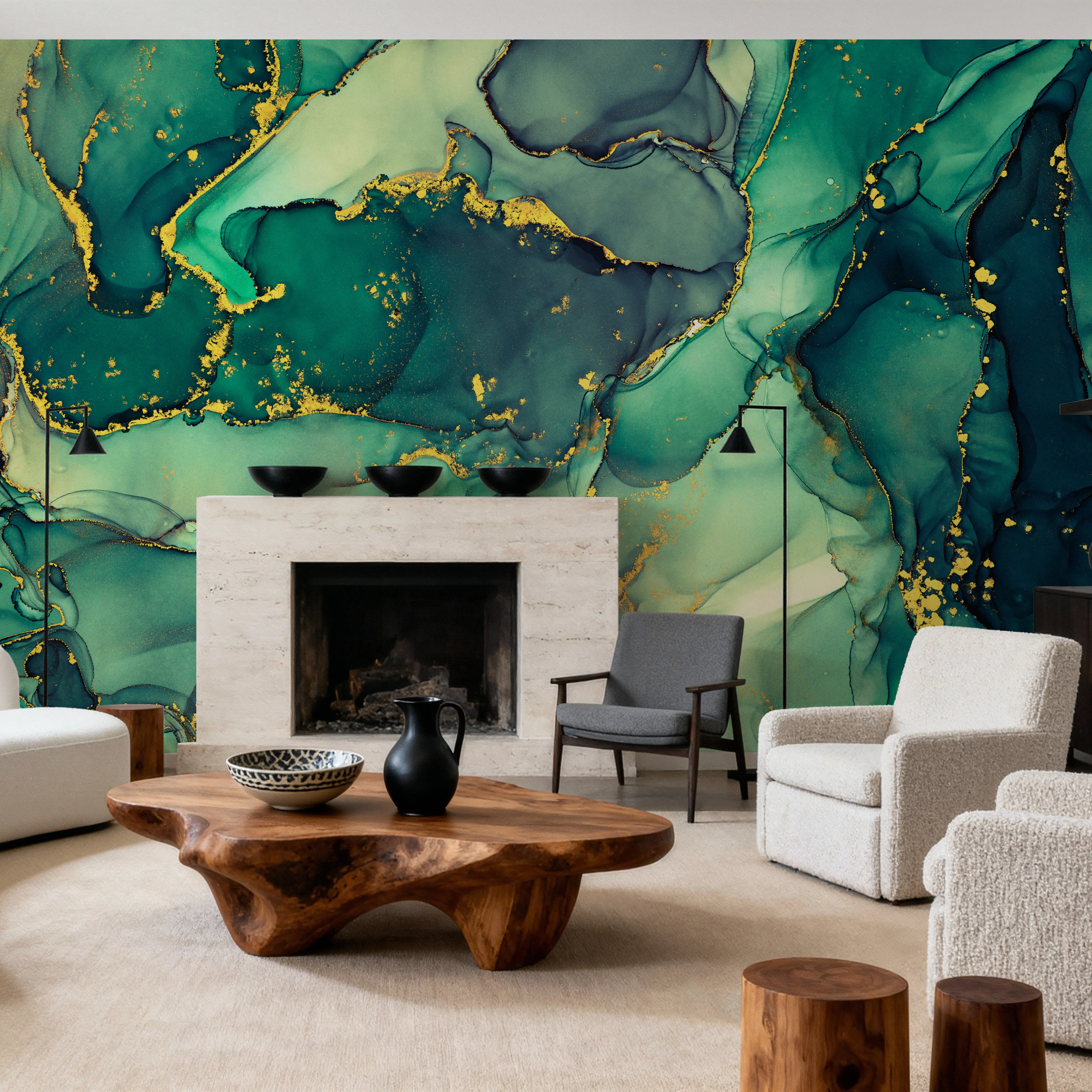 Wall Mural - Free-Flow Ink Green - Abstract Stone mural wallpaper - Green - Living room - Wallism UK - Peel & Stick or Paste-the-Wall