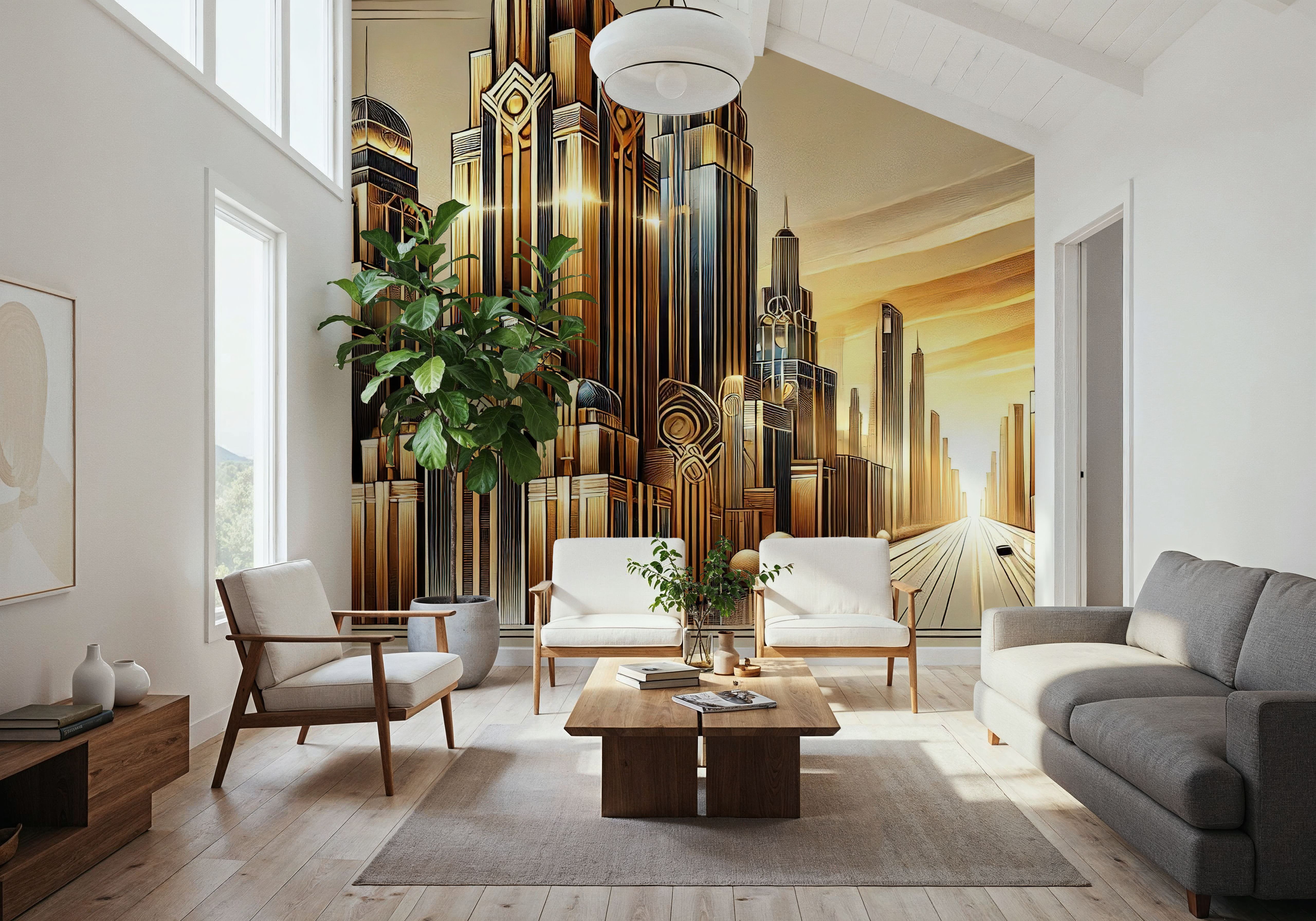 Golden City Skyline at Sunset in Art Deco
