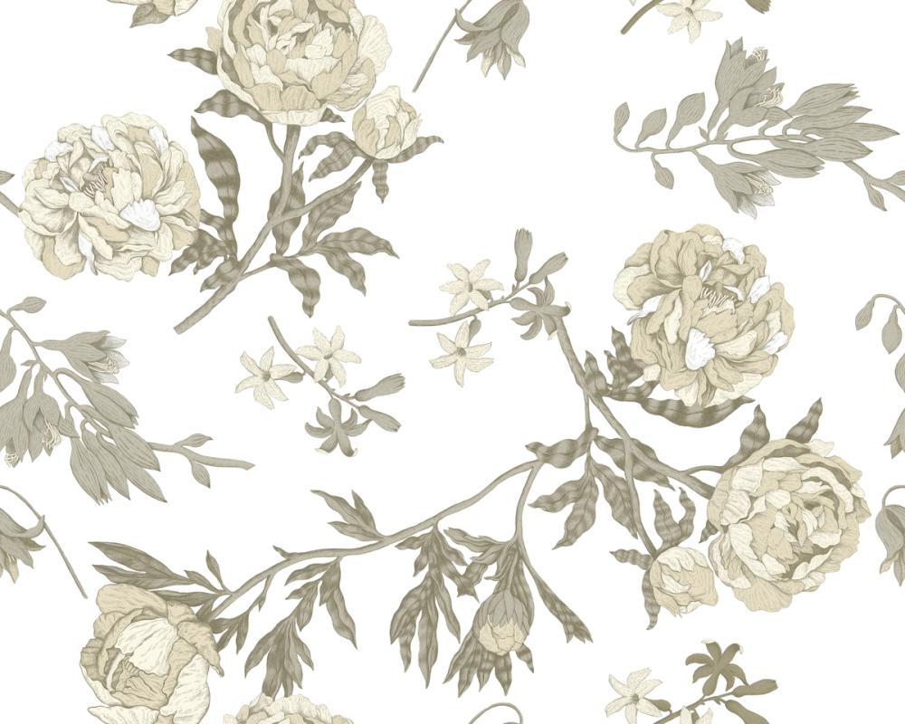 Peony Passion, Khaki on White