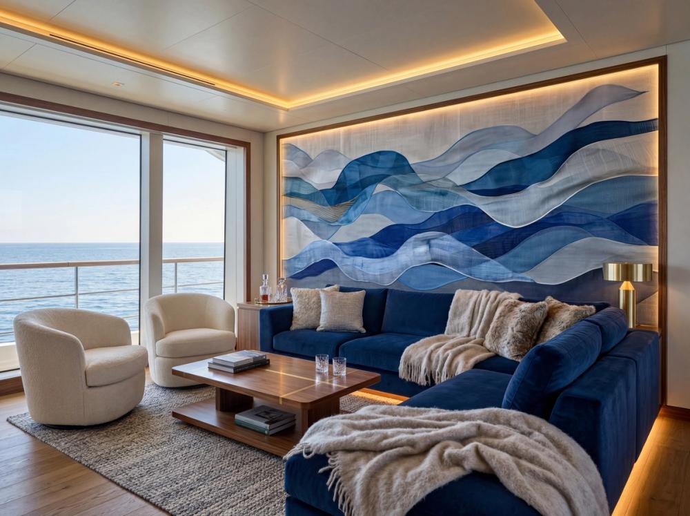 an interior photo of a living room at a yatch with a abstract mural in blue and white with waves