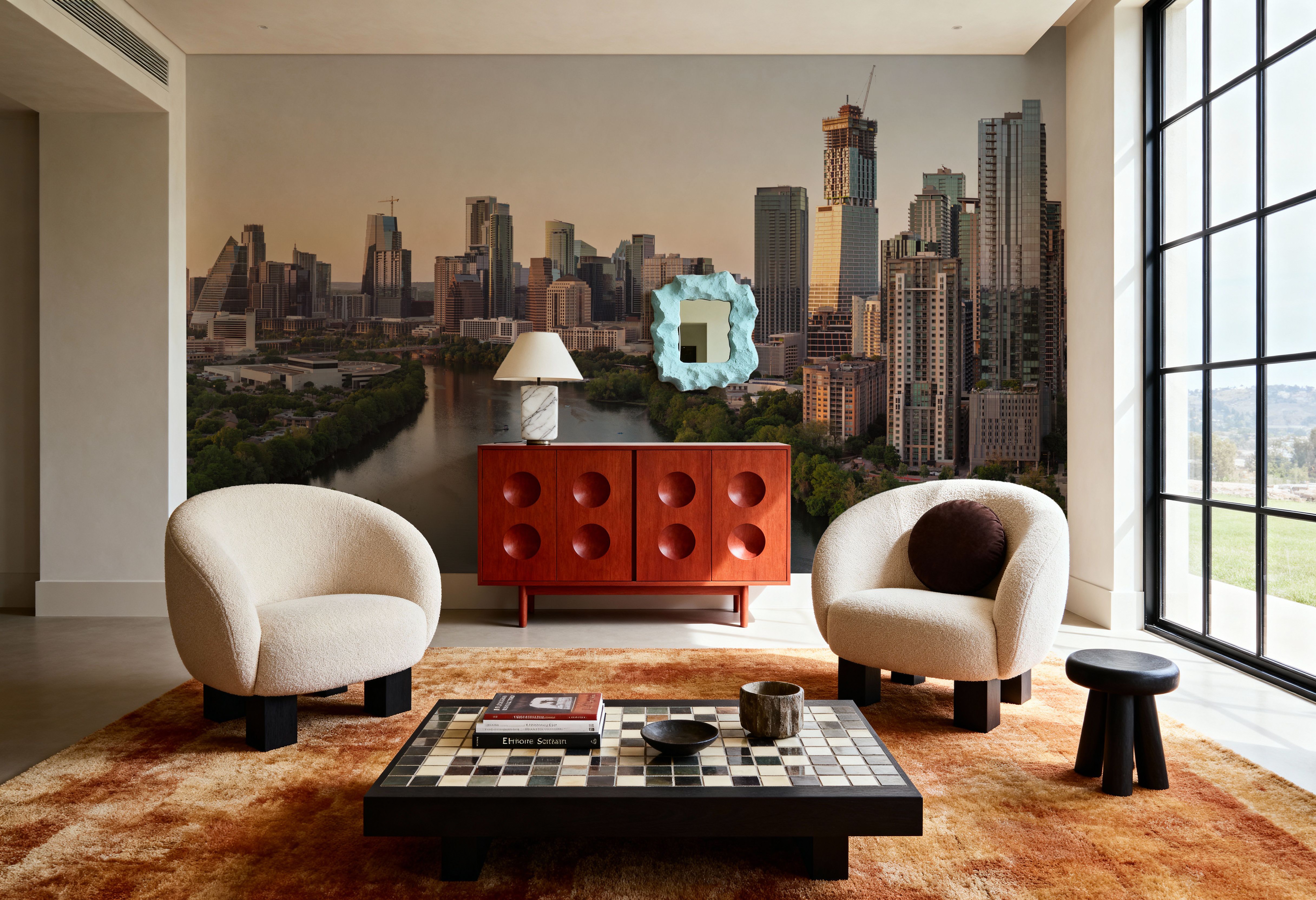 Riverside Skyscrapers Golden Metropolis, Wallpaper