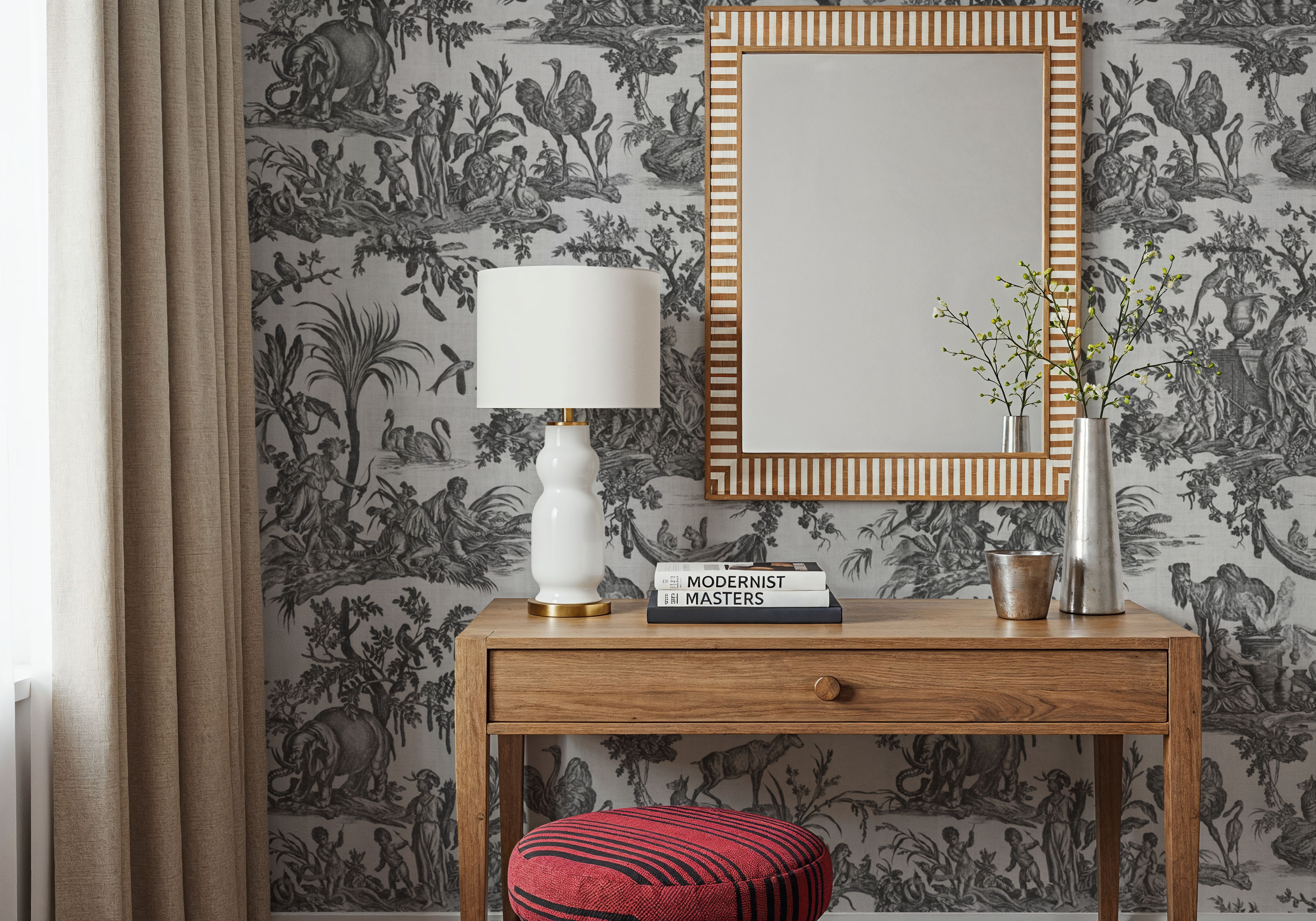 Patinated Linen Toile de Jouy, B&W