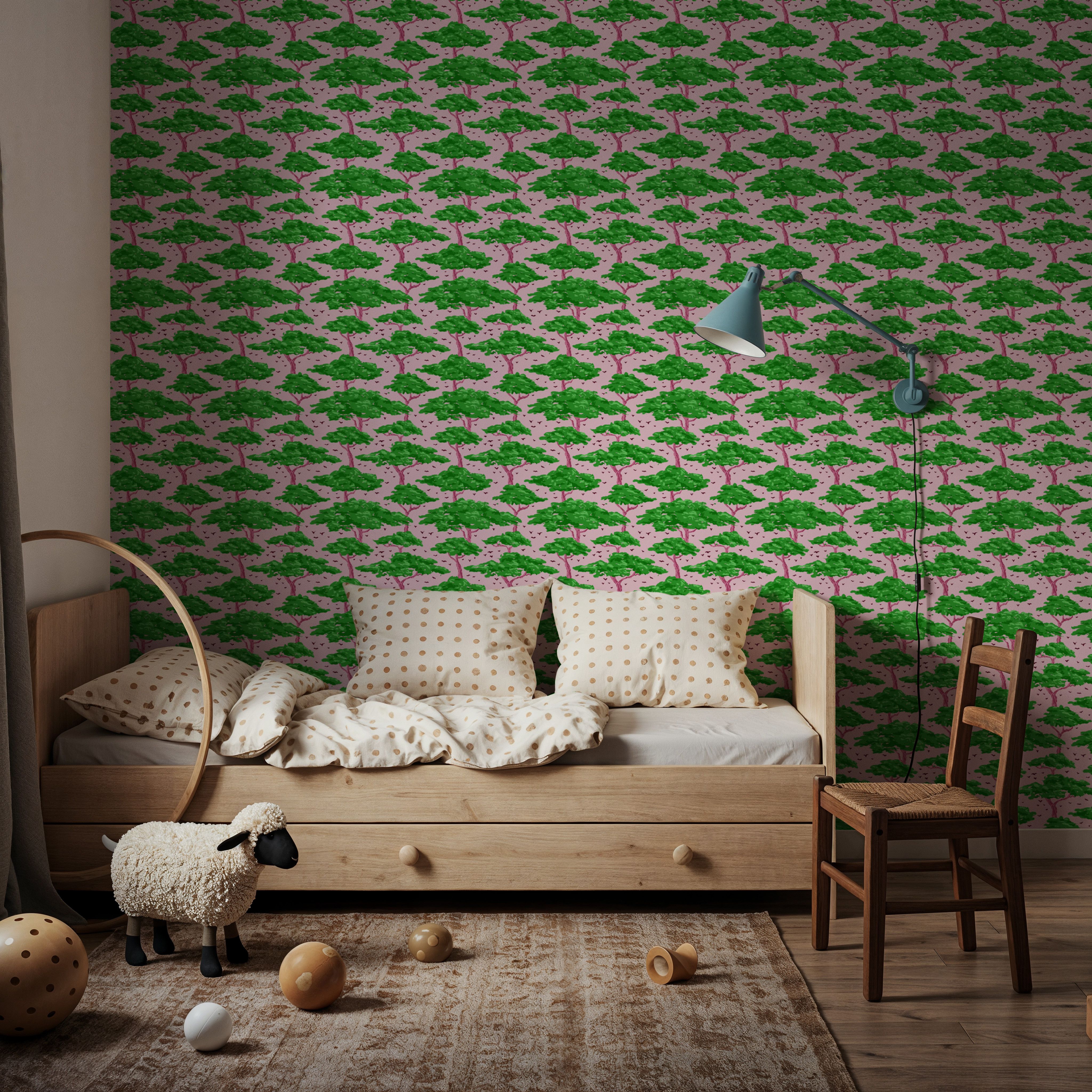 Tree Canopy, Emerald on Pink, Papel de parede