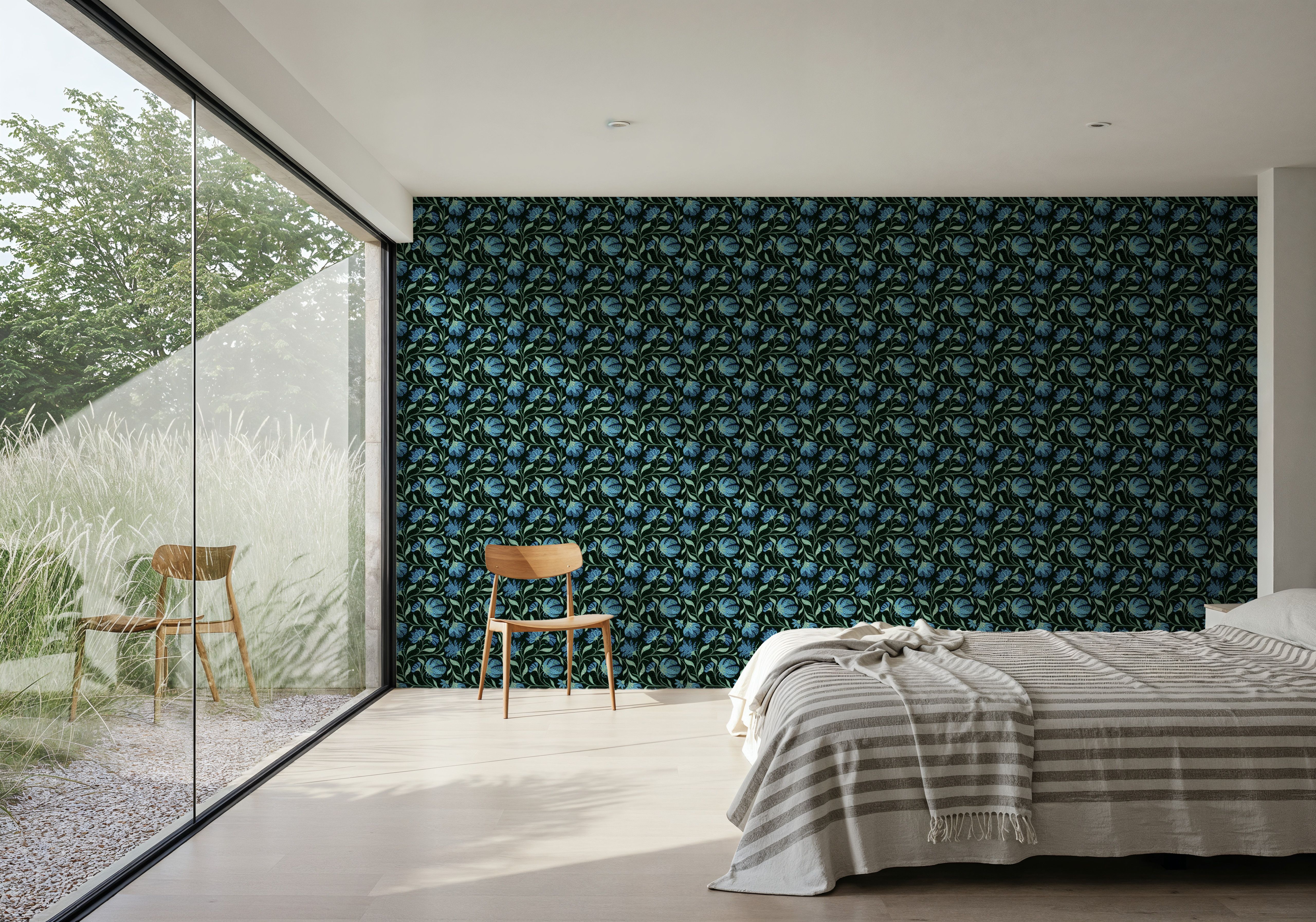 Indial Floral, Teal on Midnight