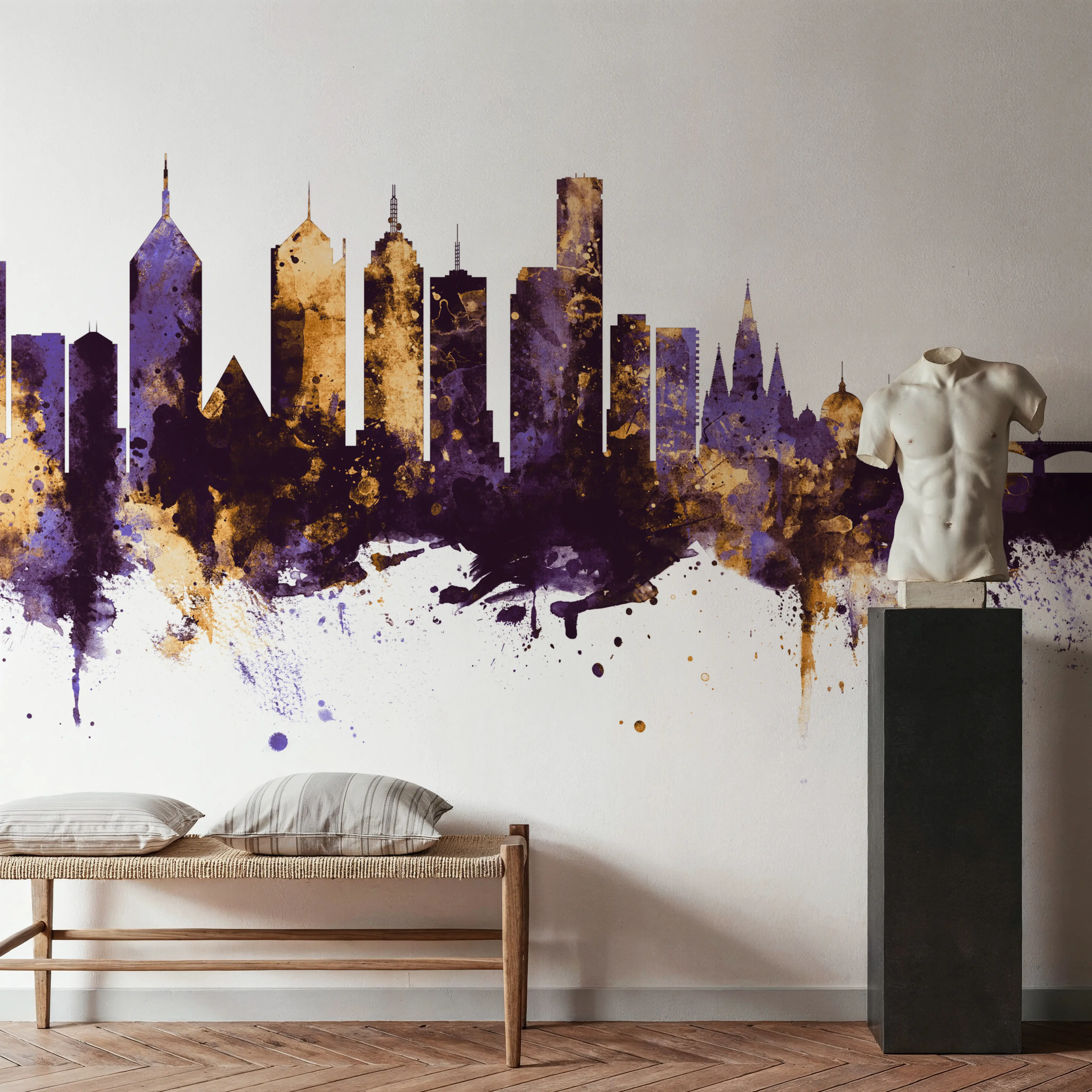 Fotobehang - Melbourne Australia Skyline Purple & Gold - Abstract Kunst Mural - Paars - Slaapkamers - Wallism België - Zelfklevend of Vliesbehang