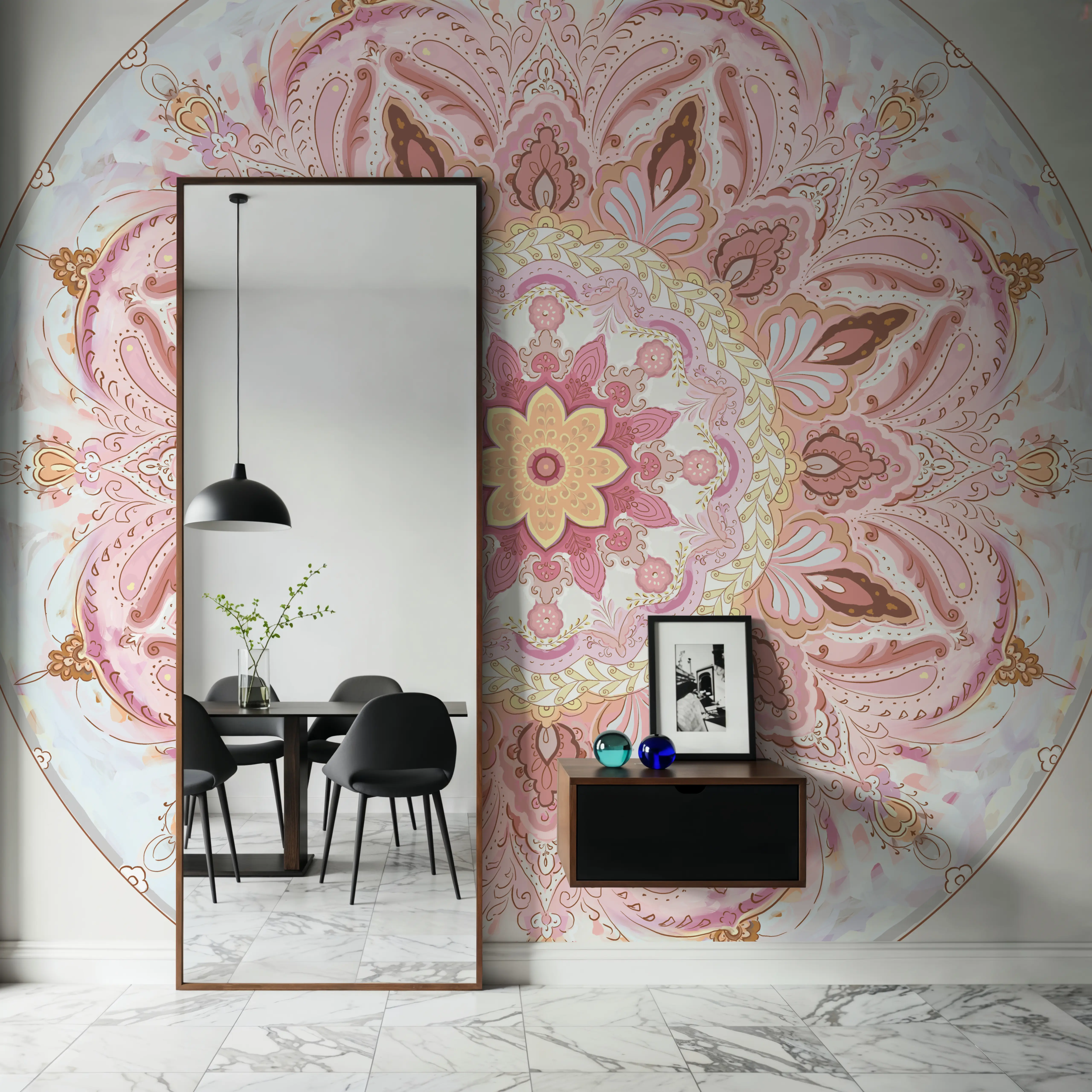 Wall Mural - Goa Mandala I - Abstract Paisley mural wallpaper - Pink - Hallway staircases - Wallism UK - Peel & Stick or Paste-the-Wall