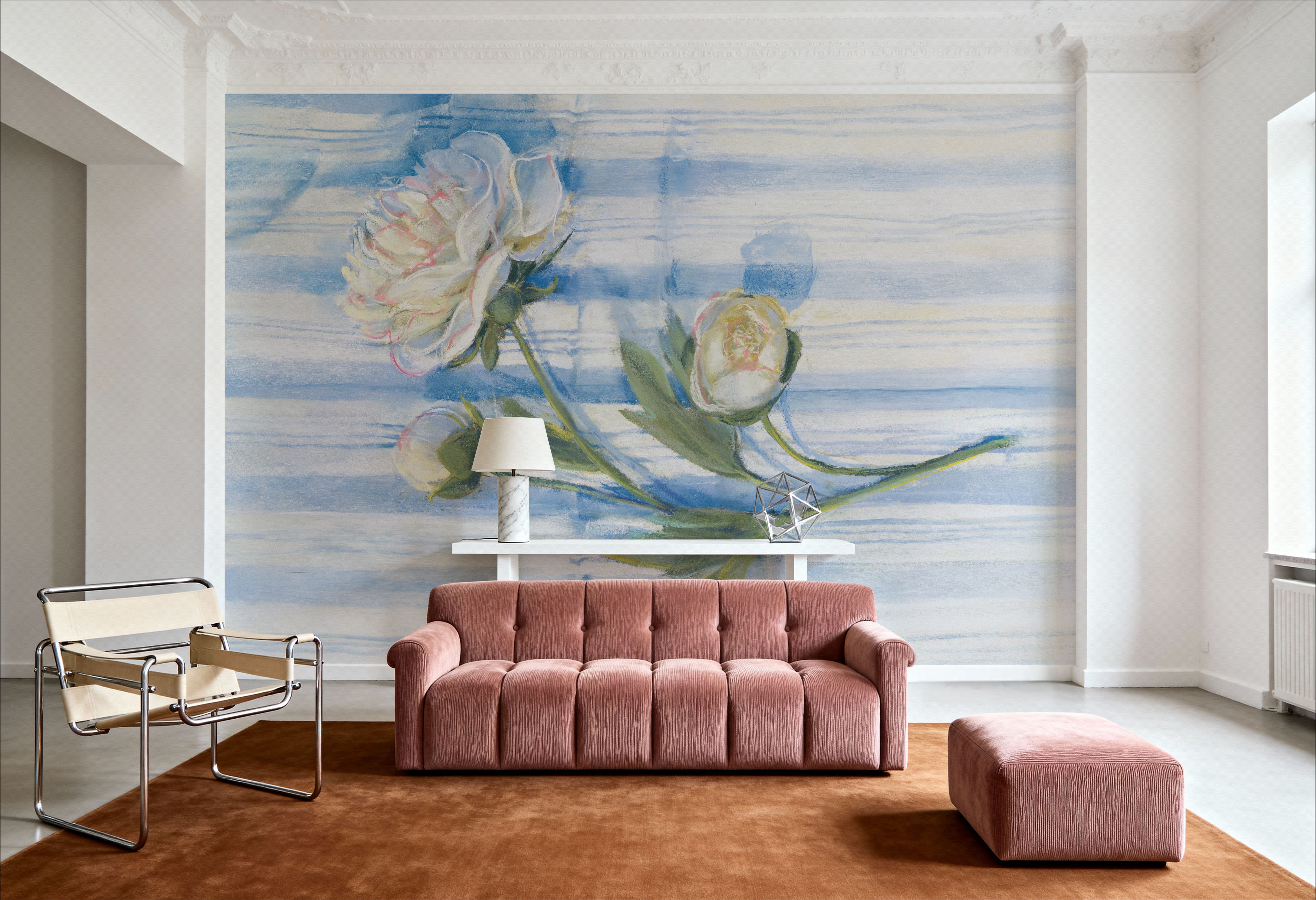 Peony on Blue Stripe