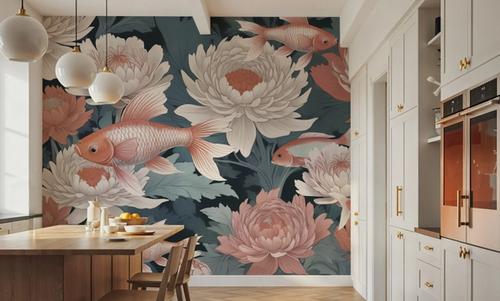 Dancing Fish, Peach on Teal