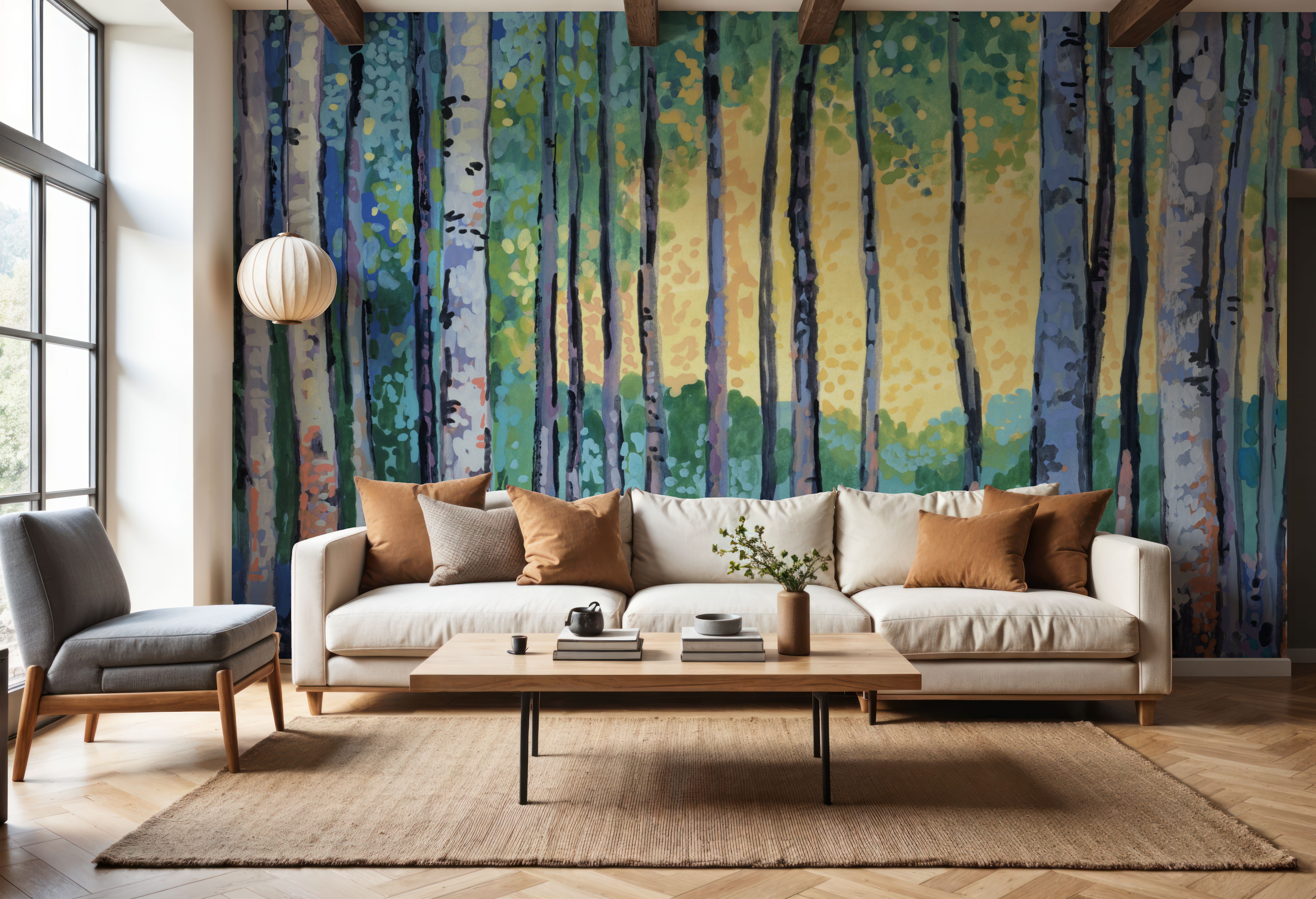 Birch Forest Flower Garden, Wallpaper