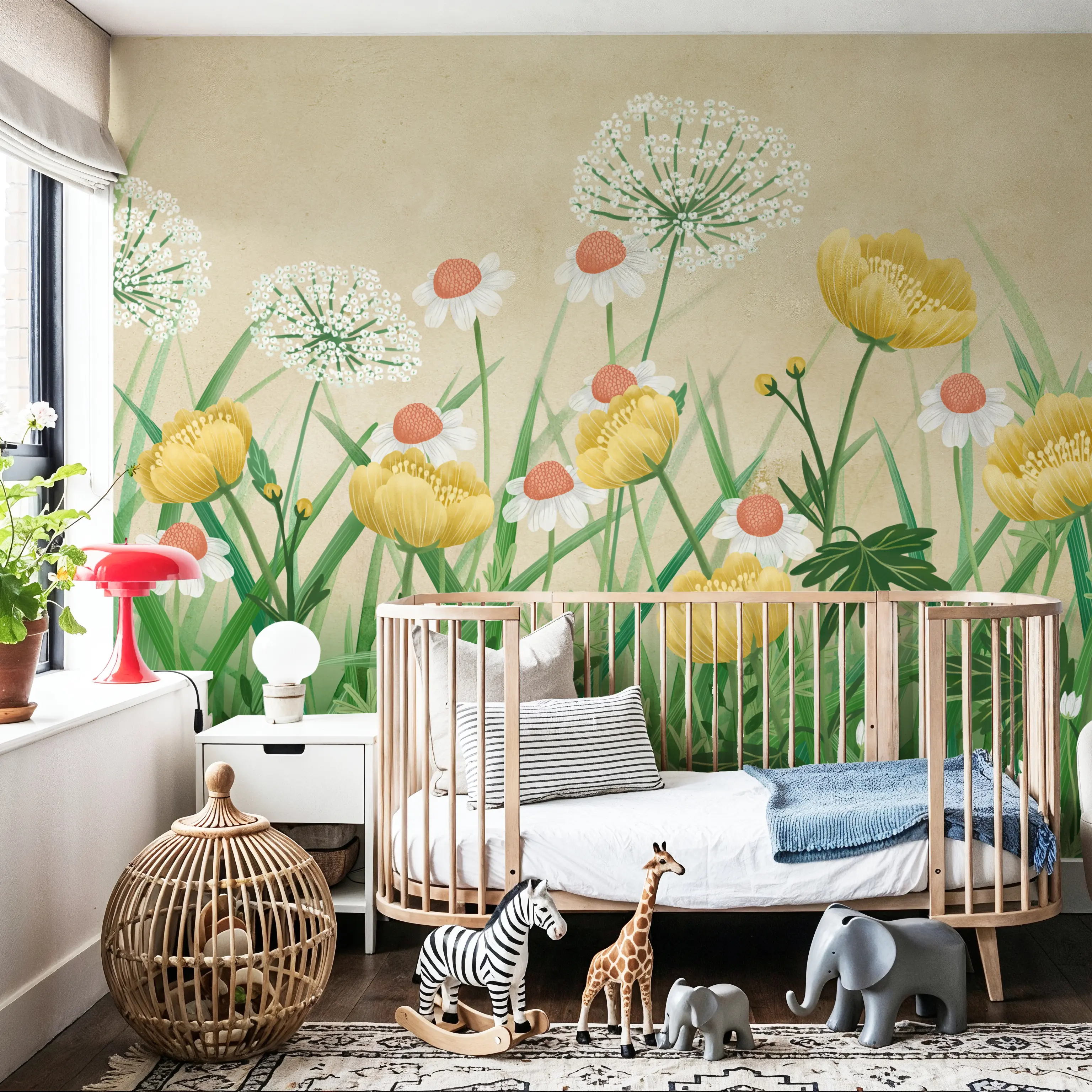 Papier Peint Panoramique - Buttercup Meadow, Sand - Floral Rural - Jaune - chambre d'enfant - Wallism Belgique - Encollage au mur ou Autocollant