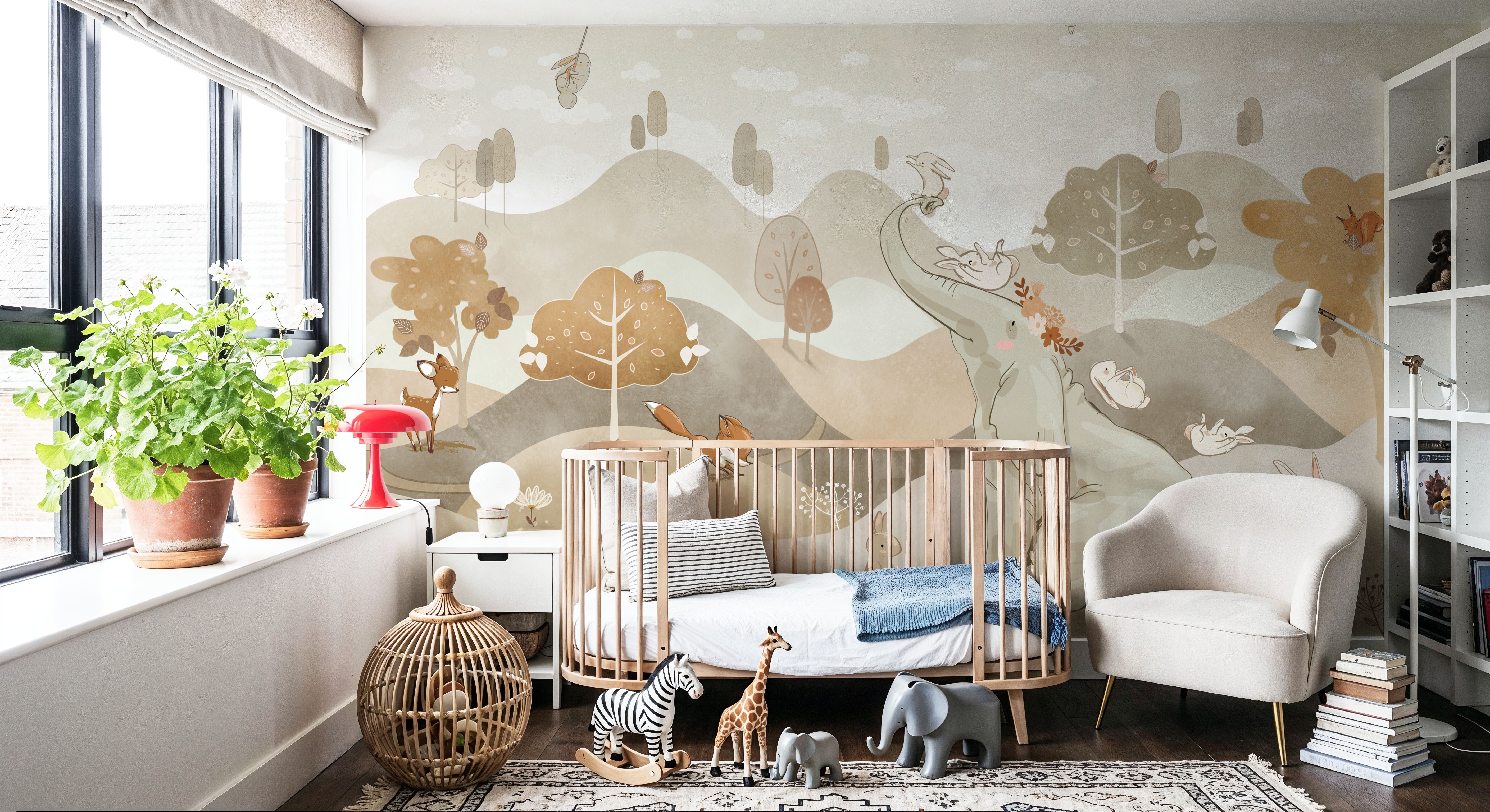 Wall Mural - Bunny Friends, Beige - Wild Animals mural wallpaper - Kids' Room - Wallism US - Premium, Textured or Peel & Stick