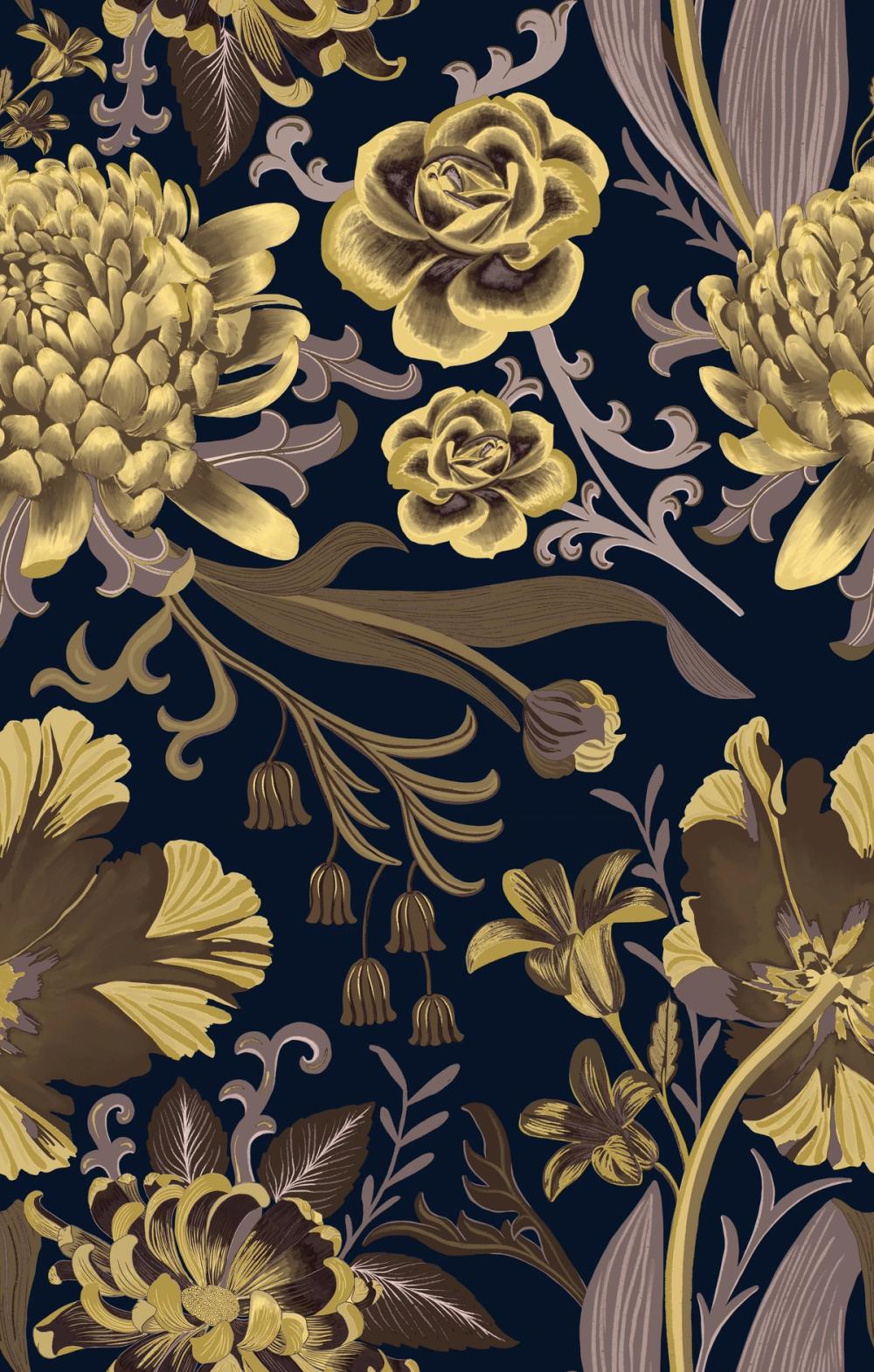 Rococo Chysantemums, Yellow on Midnight