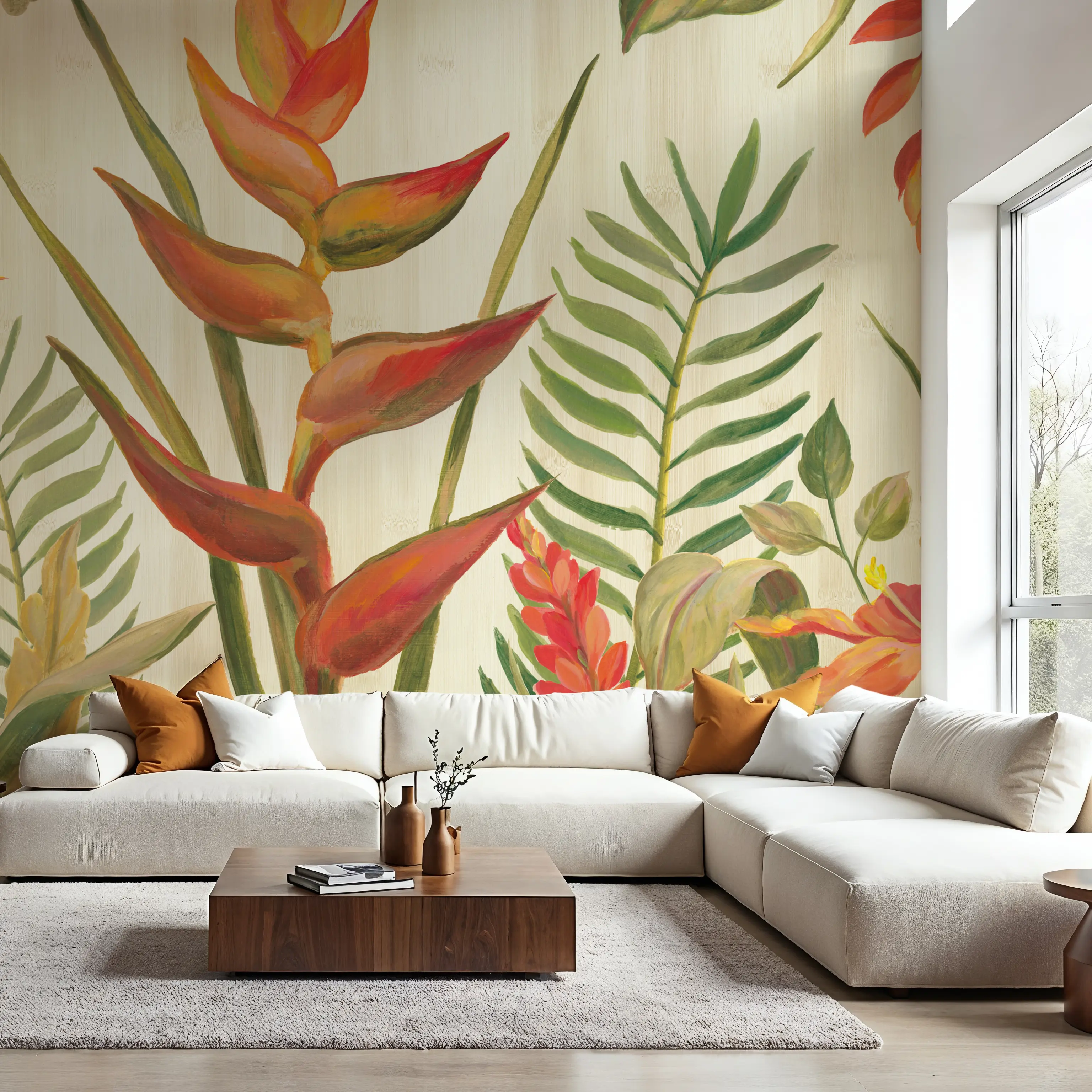 Papier Peint Panoramique - Where Are The Birds? - Floral Nature - Orange - Bureaux - Wallism Belgique - Encollage au mur ou Autocollant