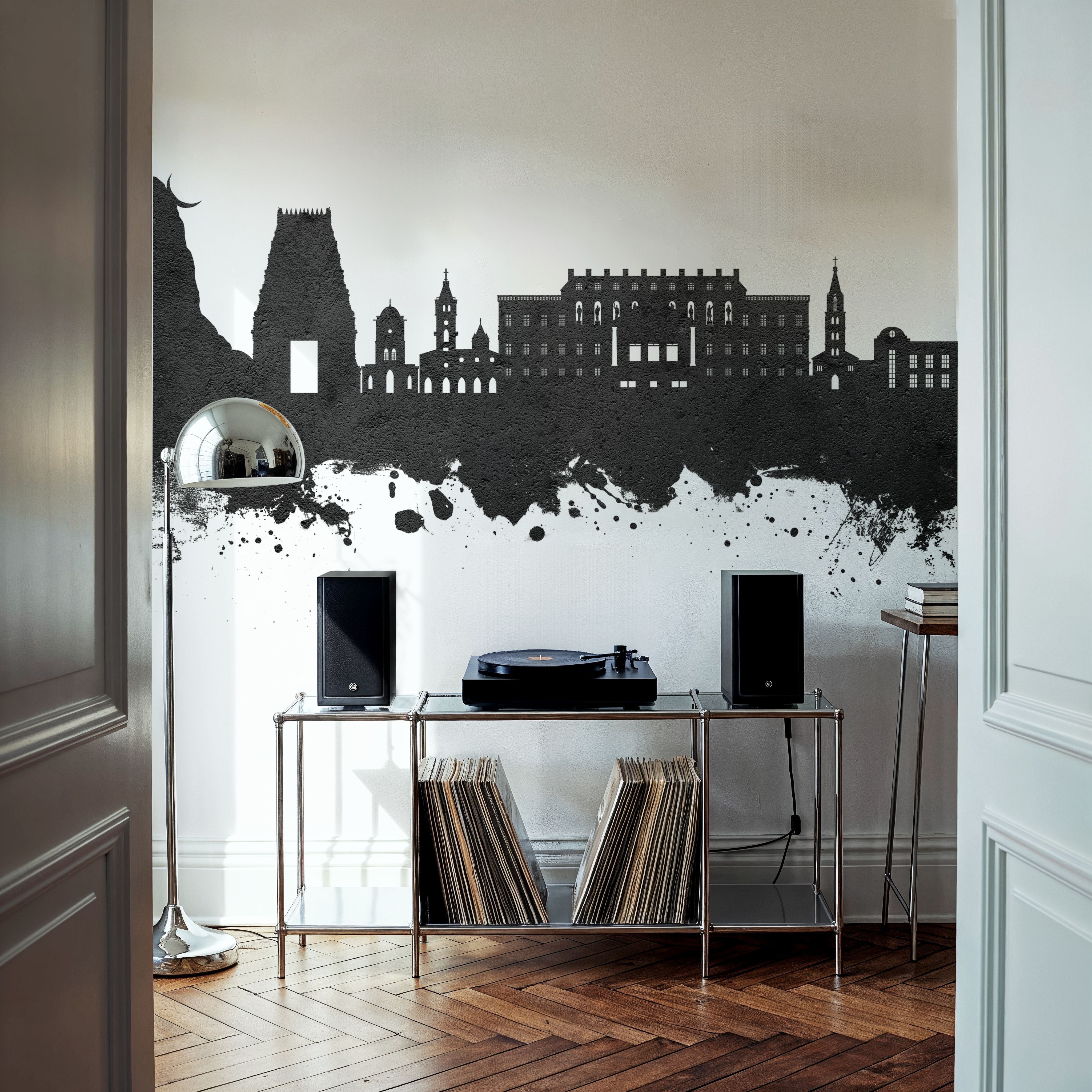 Wall Mural - Coimbatore India Skyline Black & White - Architecture Graphics mural wallpaper - Gray - Dining Room - Wallism UK