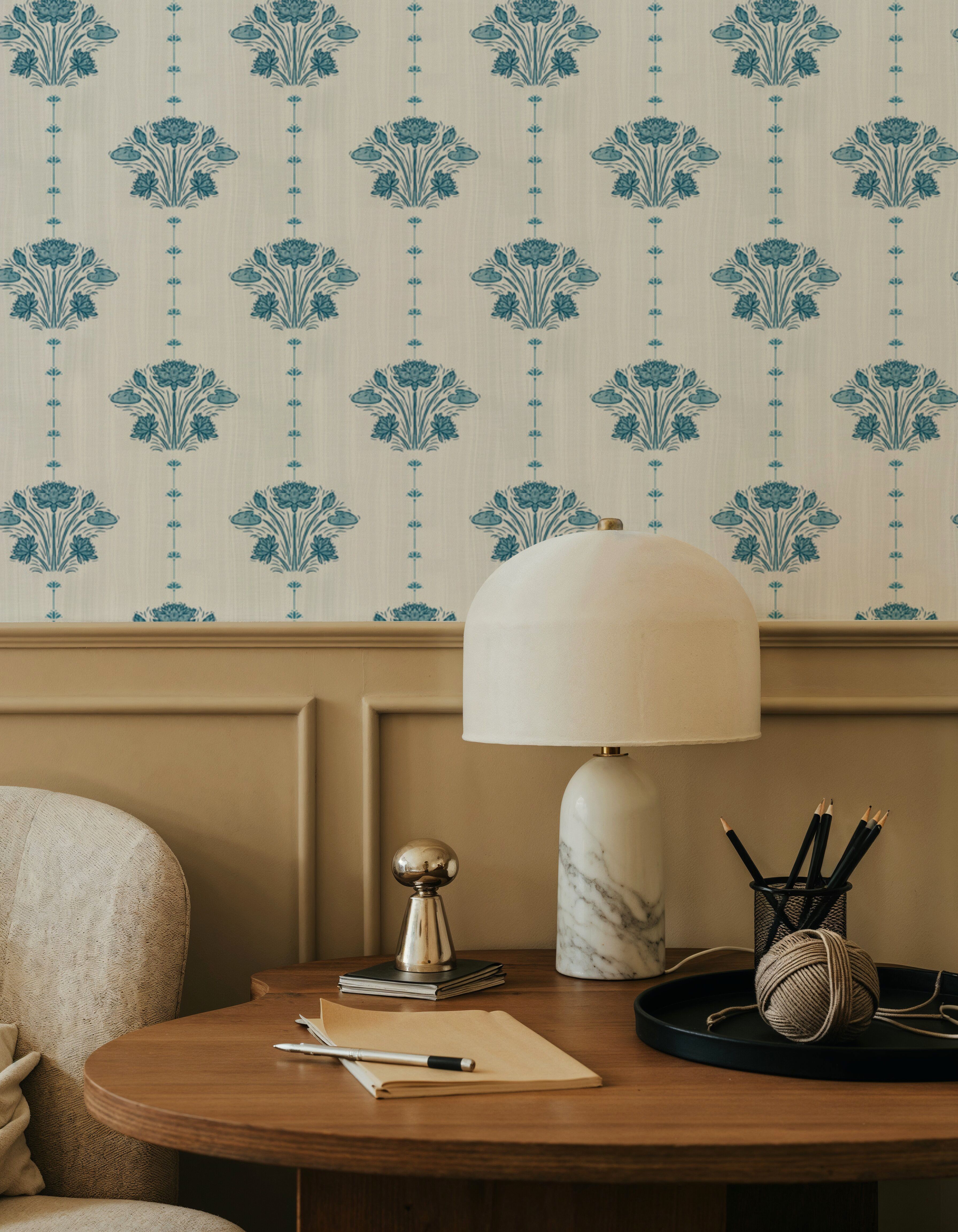 Block Print Water Lily Stripes, French Blue