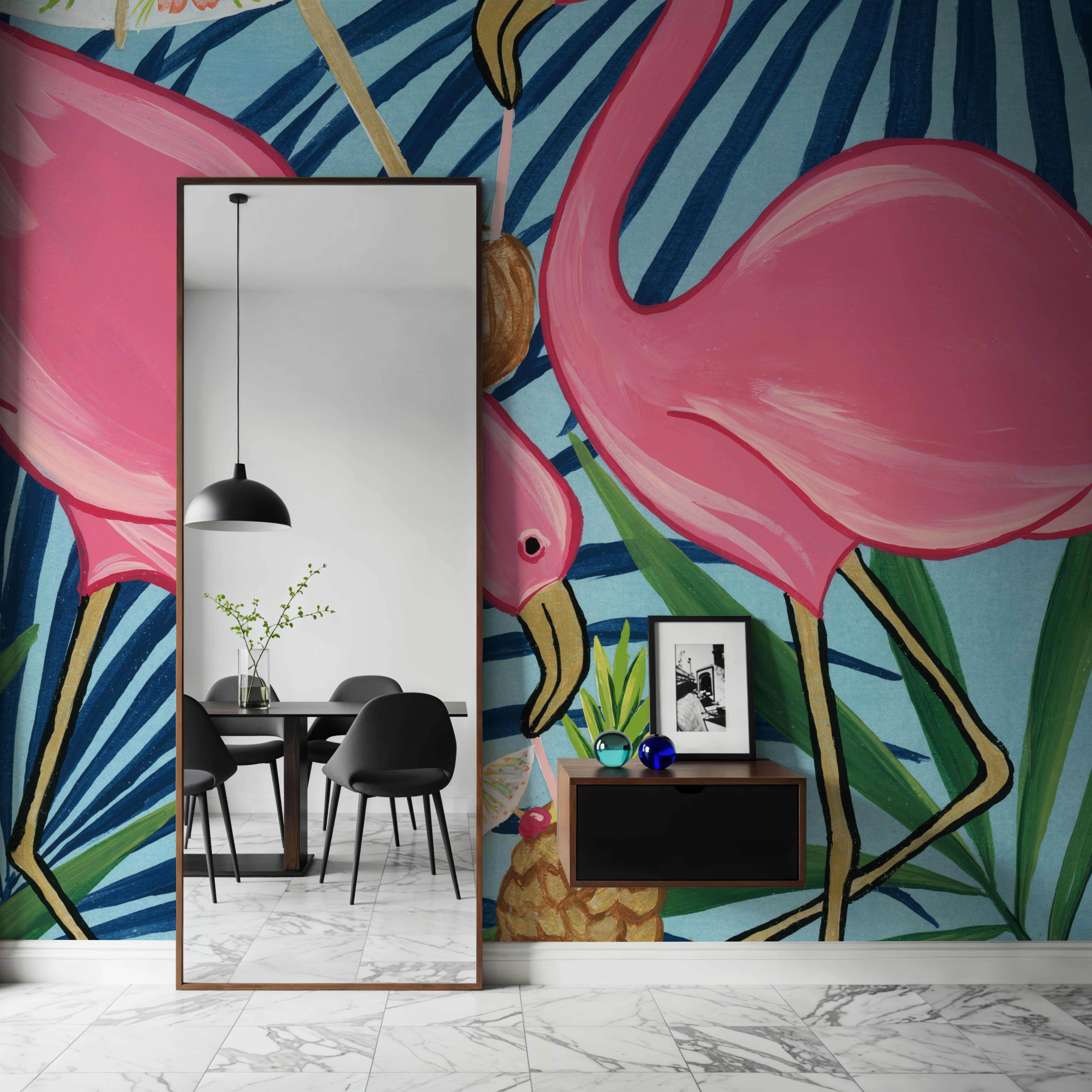 Wall Mural - Flamingo Happy Hour I - Birds Graphics mural wallpaper - Pink - Dining Room - Wallism US - Premium, Textured or Peel & Stick