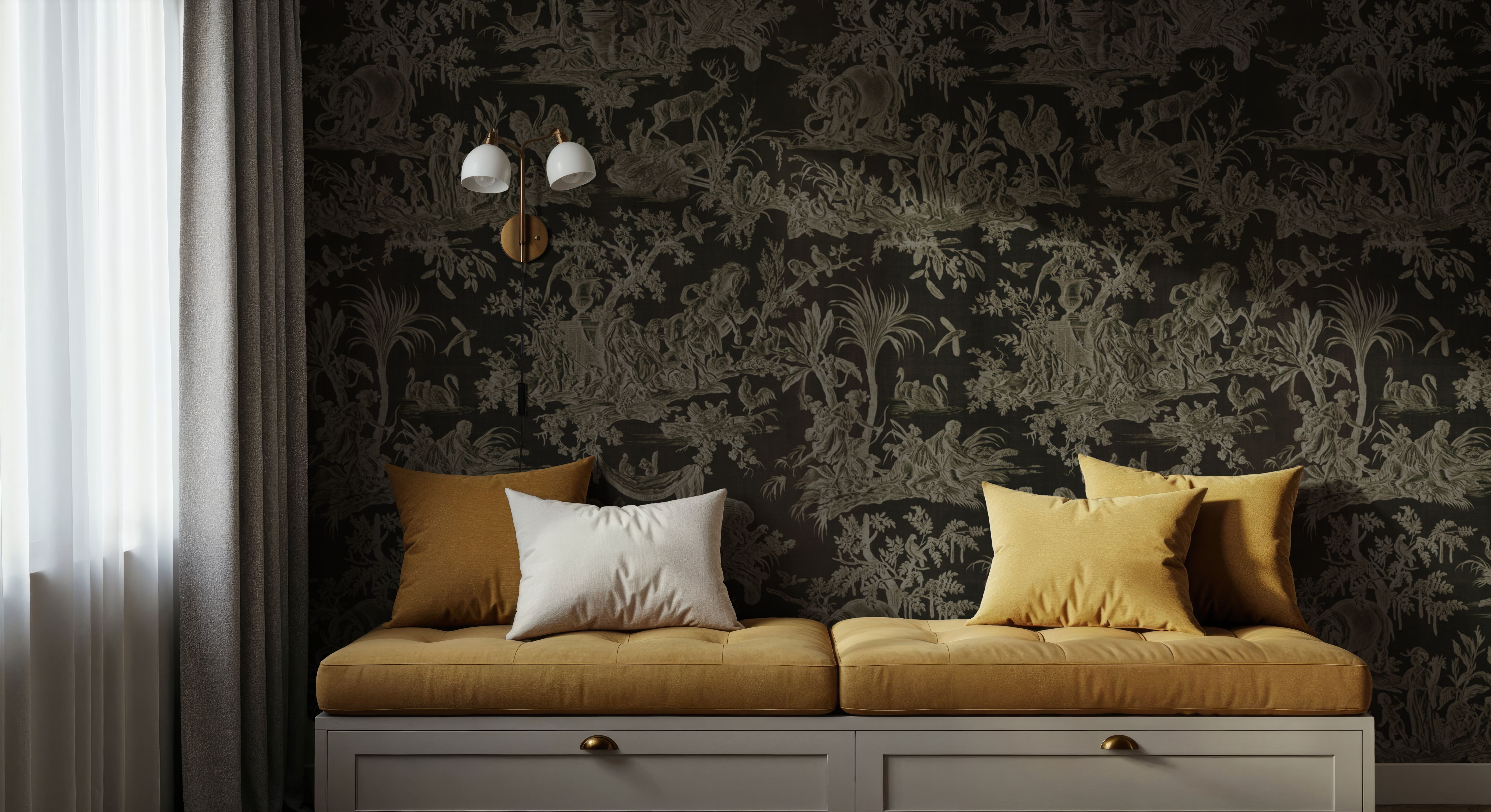 Patinated Linen Toile de Jouy, Ink