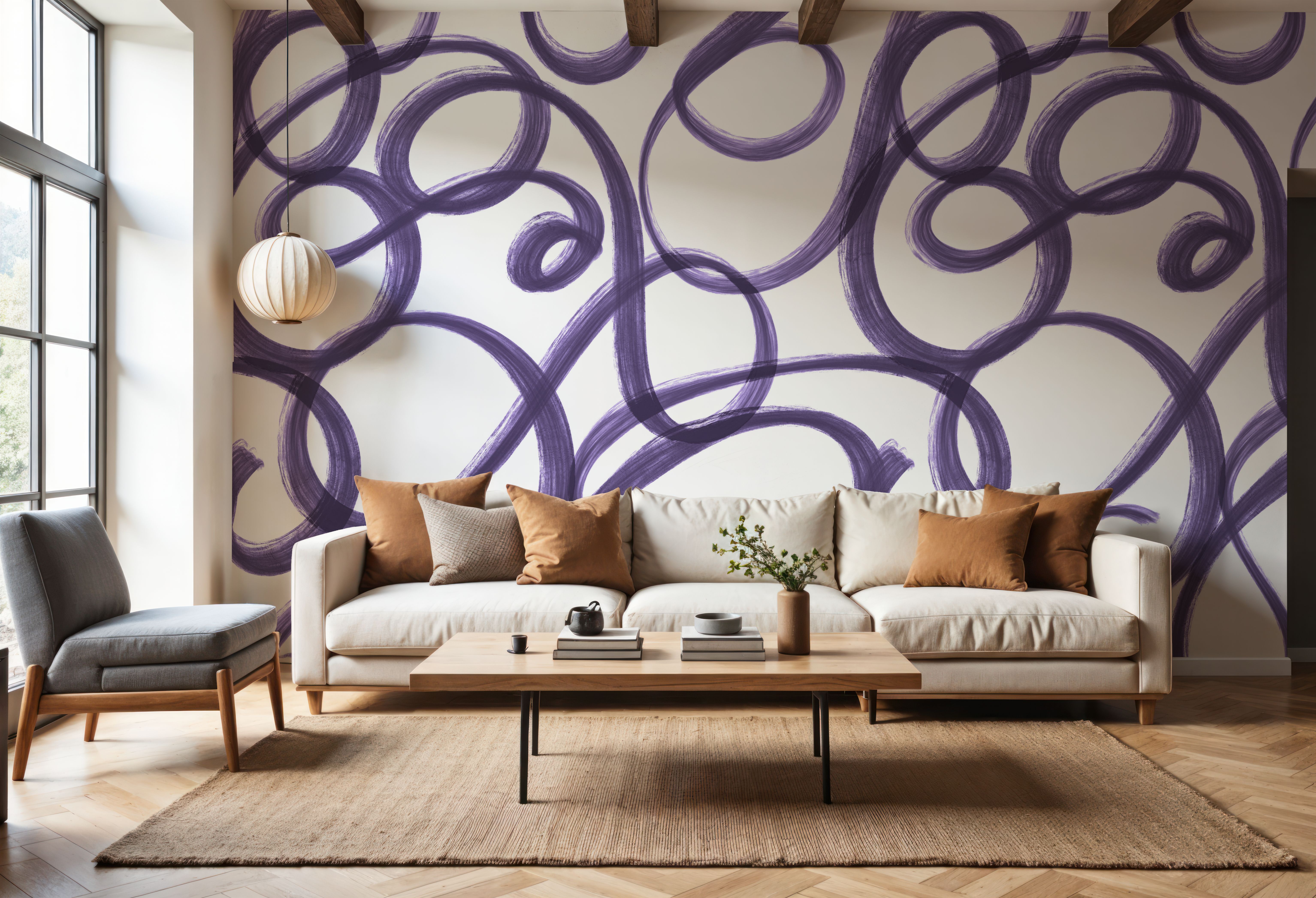 Curly Brush Lines, Grape, Wallpaper