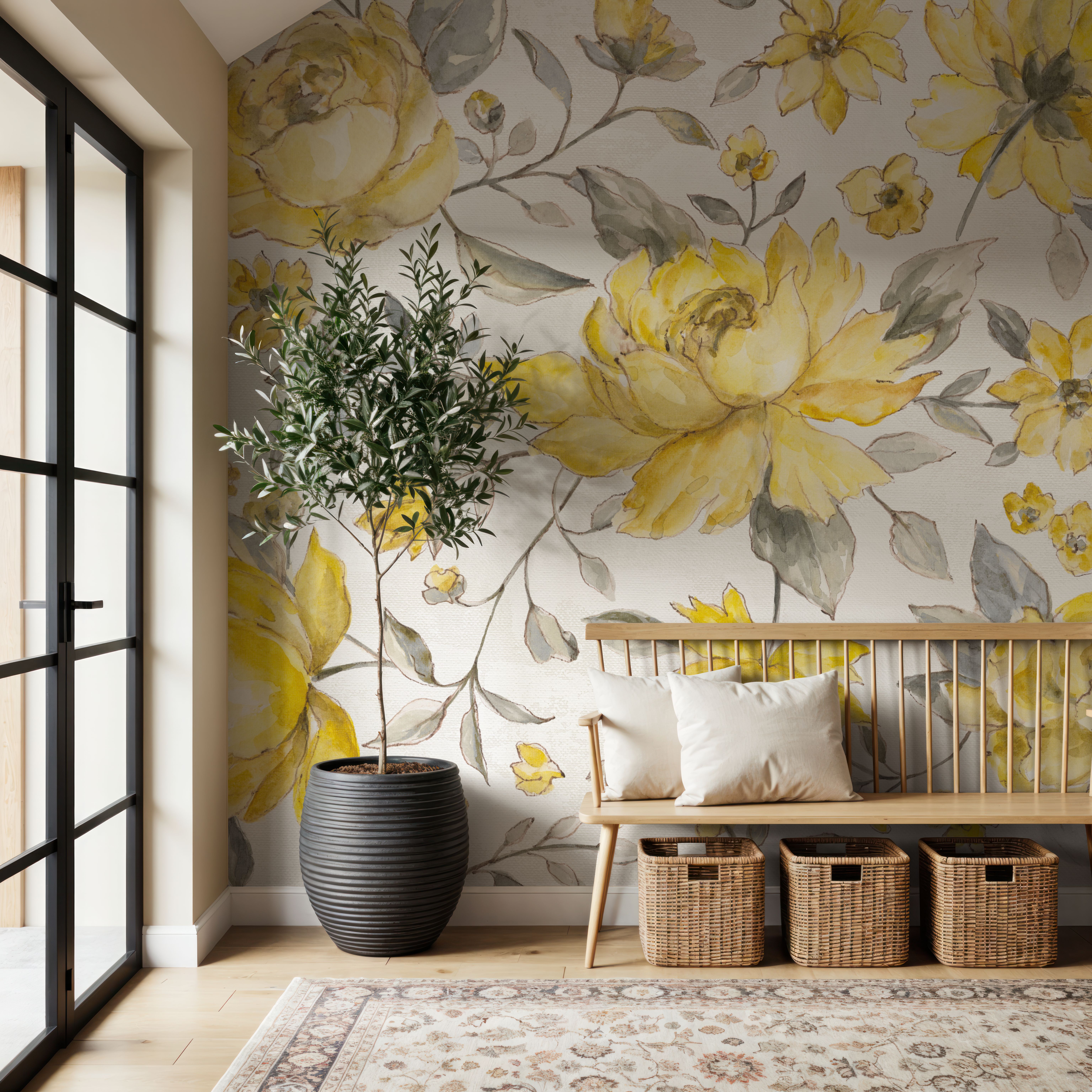 Wall Mural - Sunny Flowers - Contemporary Nature mural wallpaper - Living room - Wallism US - Premium, Textured or Peel & Stick