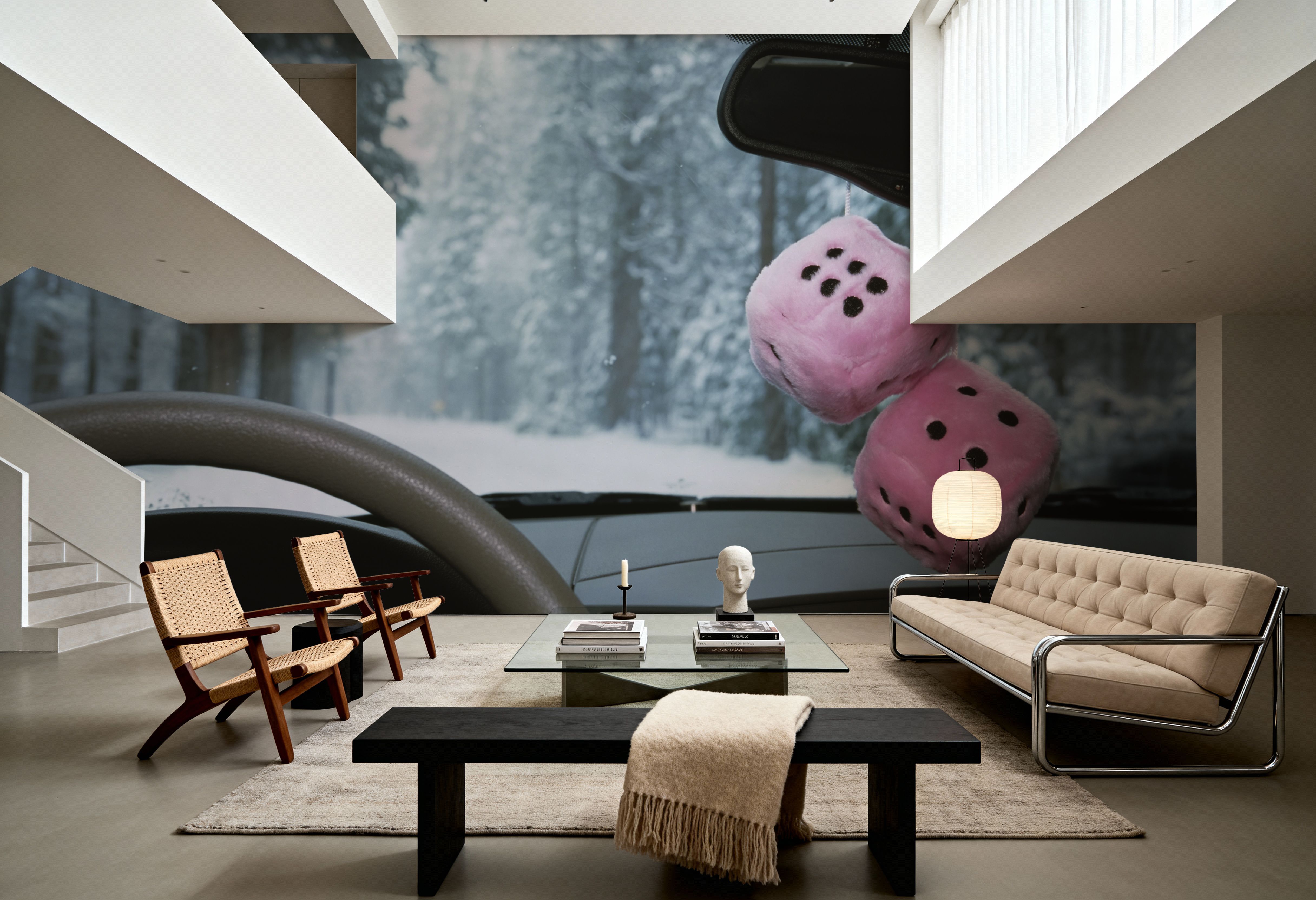 Papier Peint Panoramique - Winter Drive Dice - Neige Véhicules - Rose - Salon - Wallism France - Encollage au mur ou Autocollant