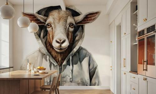 Watercolor Cartoon Goat in a Hoodie