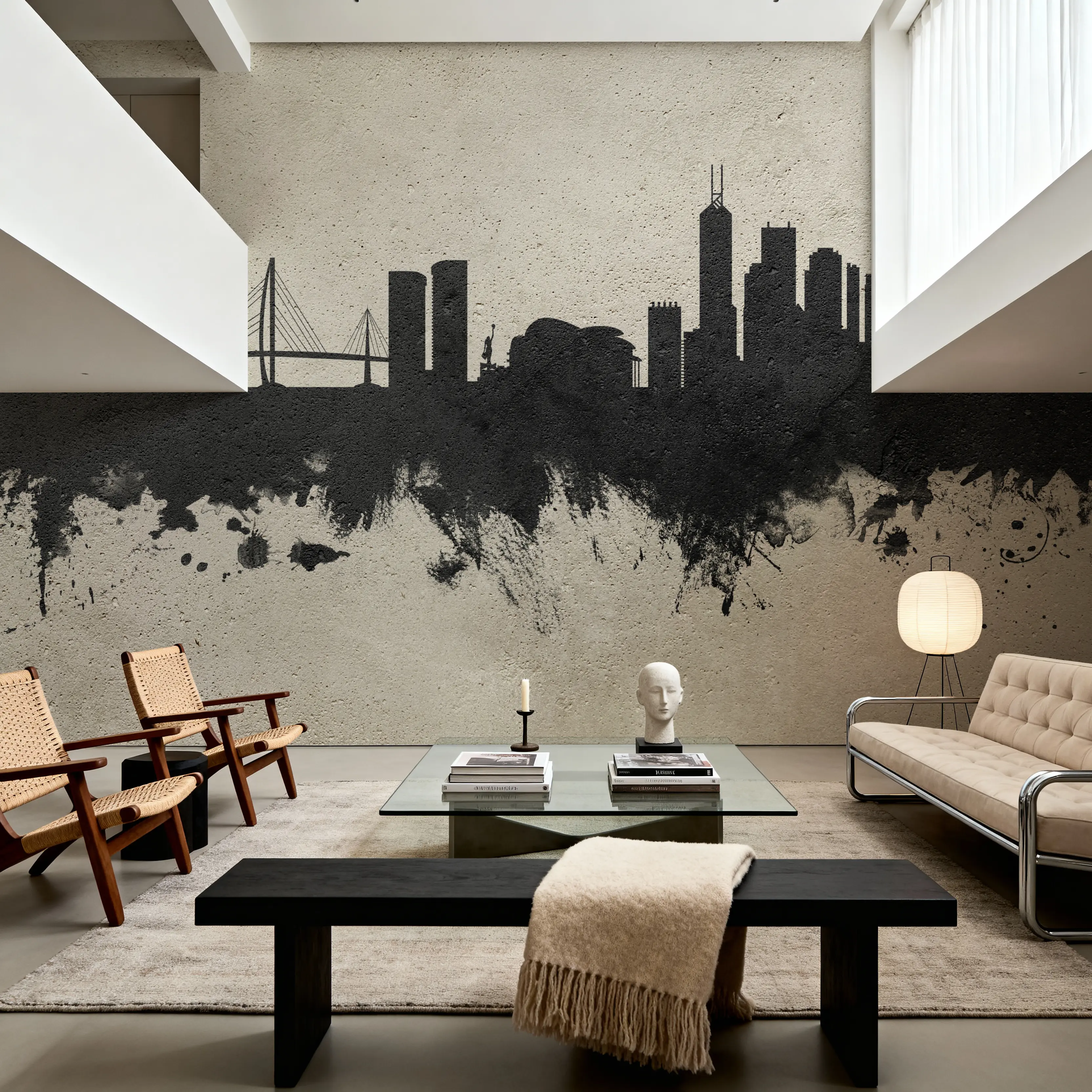 Fotobehang - Hong Kong Skyline Concrete - Grafische Kunst Mural - Grijs - Kantoorruimtes - Wallism België - Zelfklevend of Vliesbehang