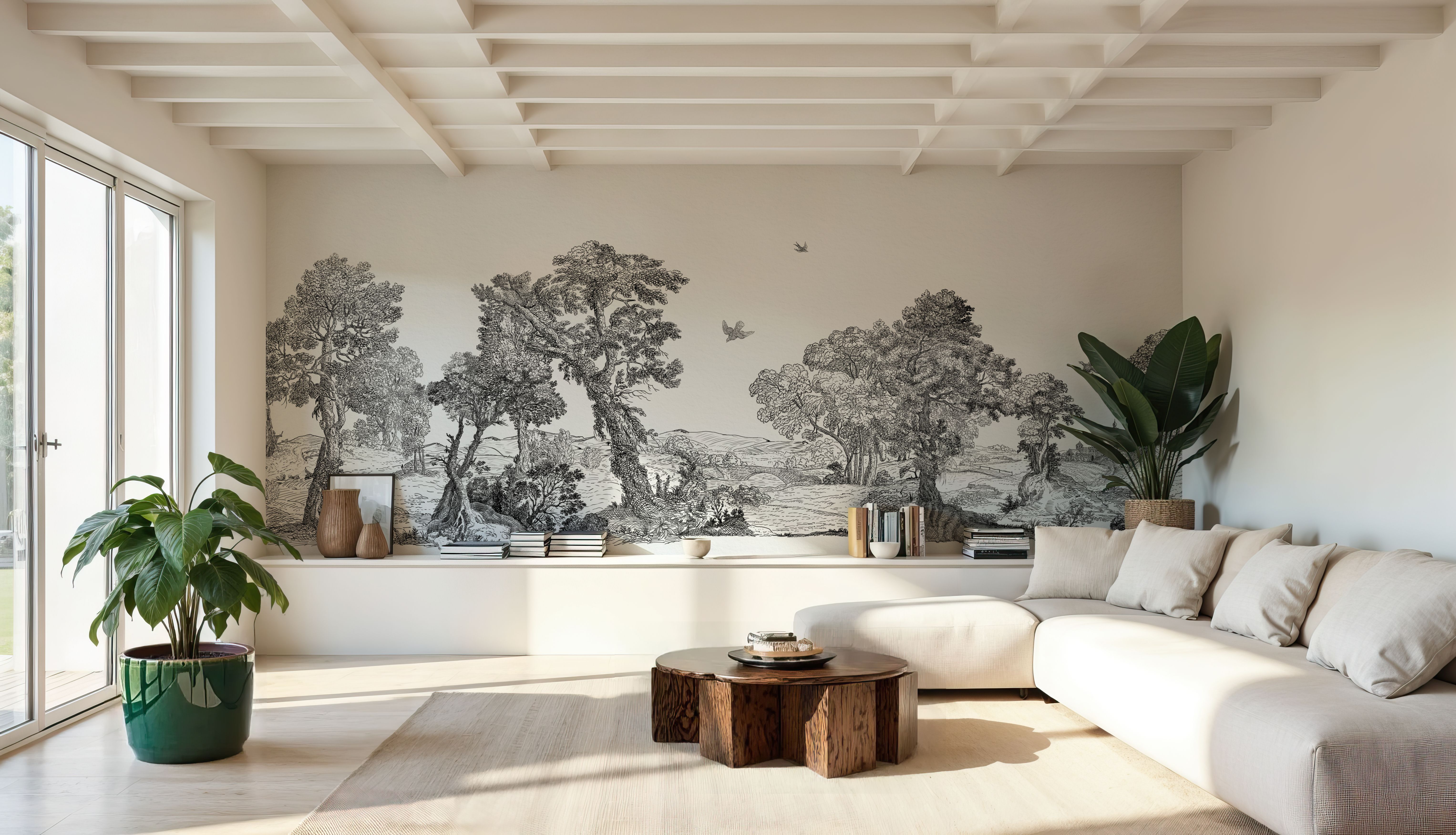 Wall Mural - French Landscape, Black Ink - Rural Landscapes mural wallpaper - Gray - Hallway staircases - Wallism US