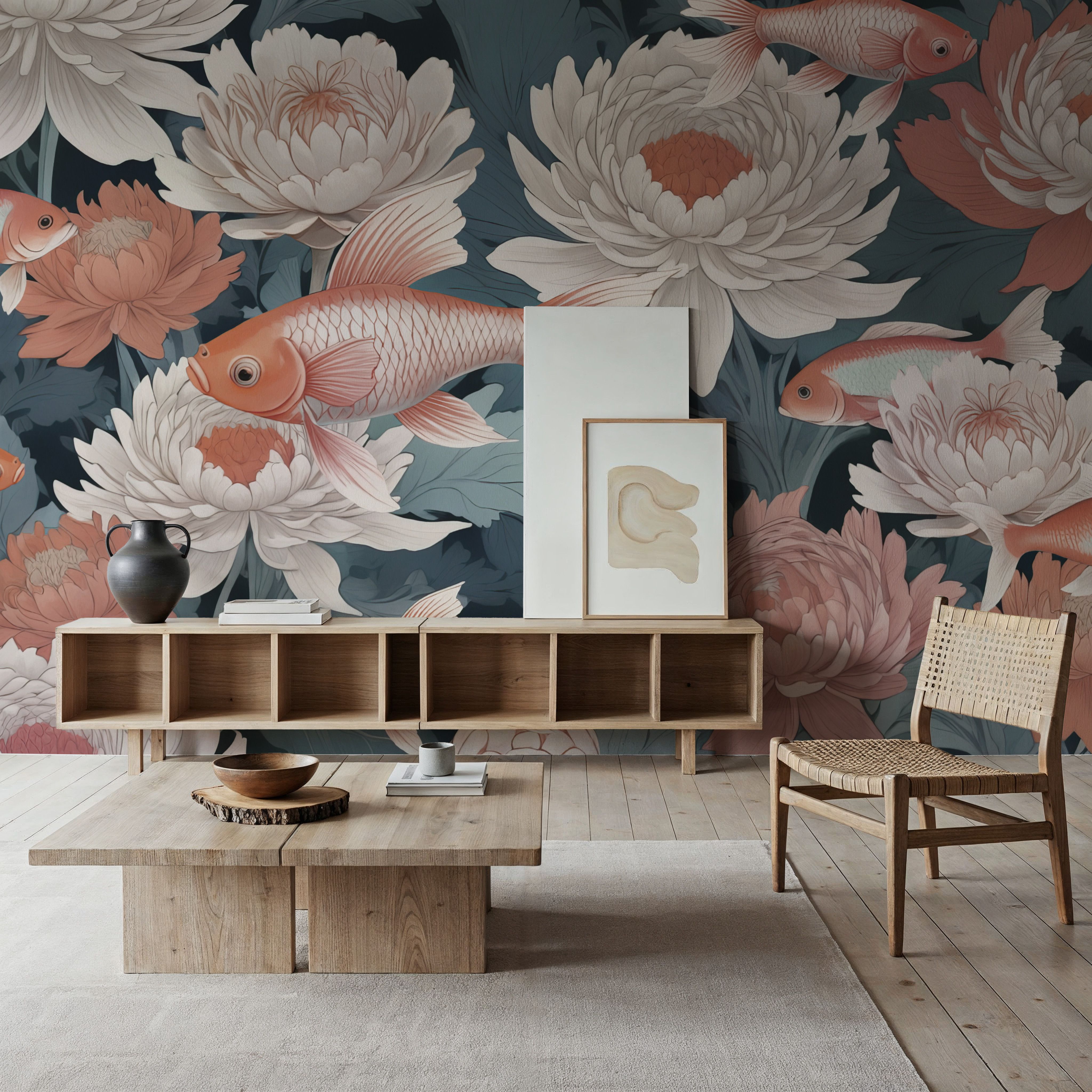 Dancing Fish, Peach on Teal