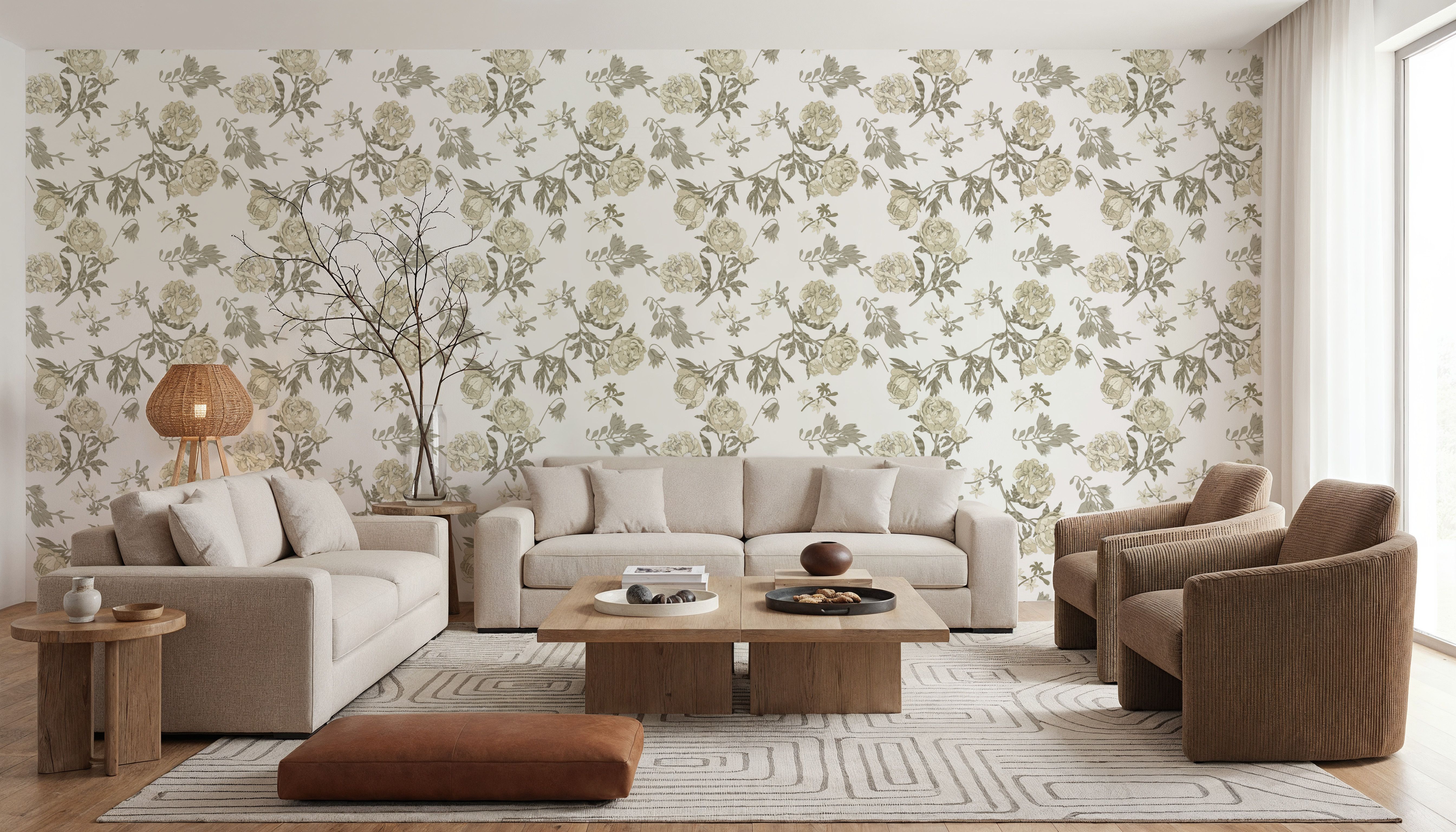 Peony Passion, Khaki on White