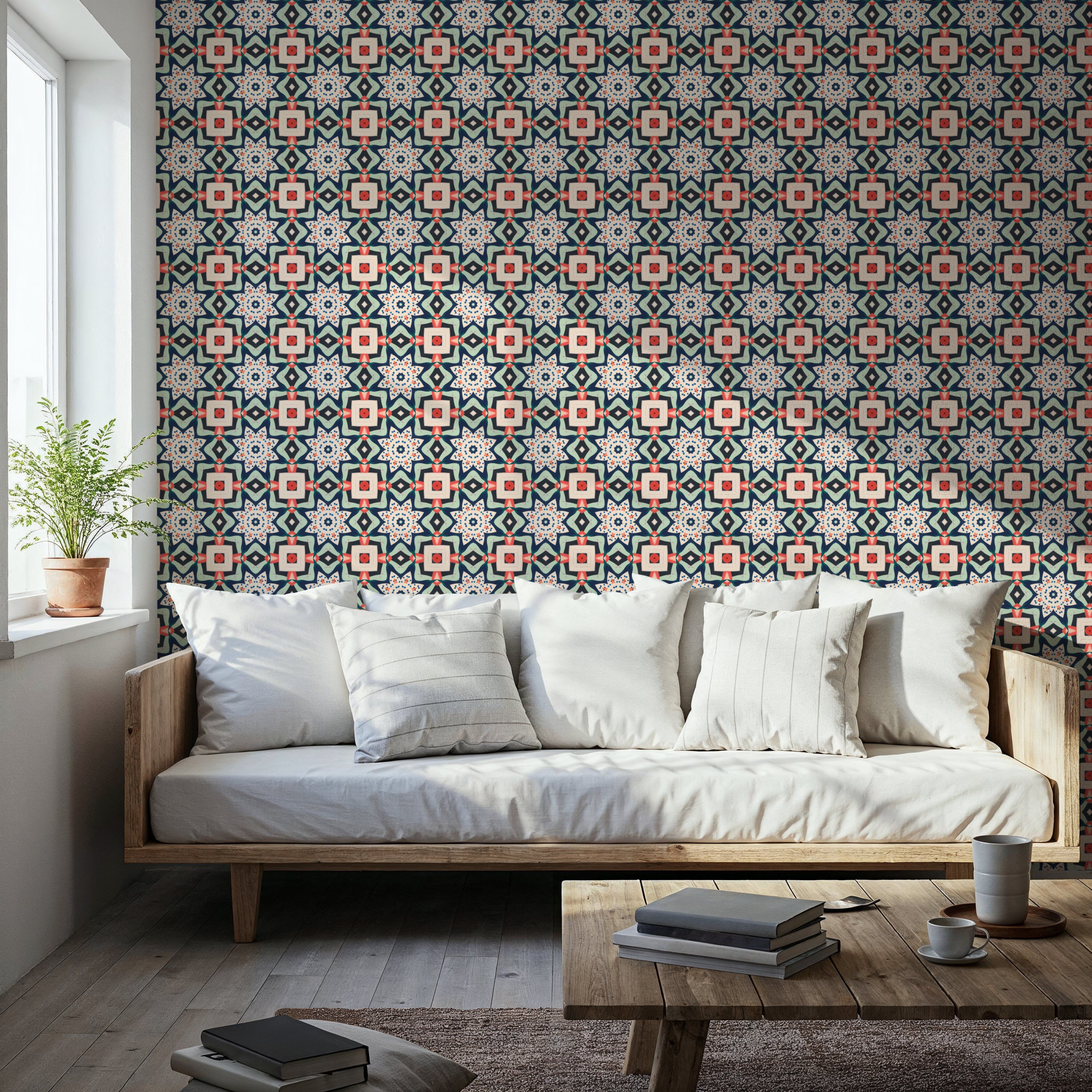 Wallpaper - Kaleidoscope Stained Glass - Lines Squares - Hallway staircases - Wallism US - Premium, Textured or Peel & Stick