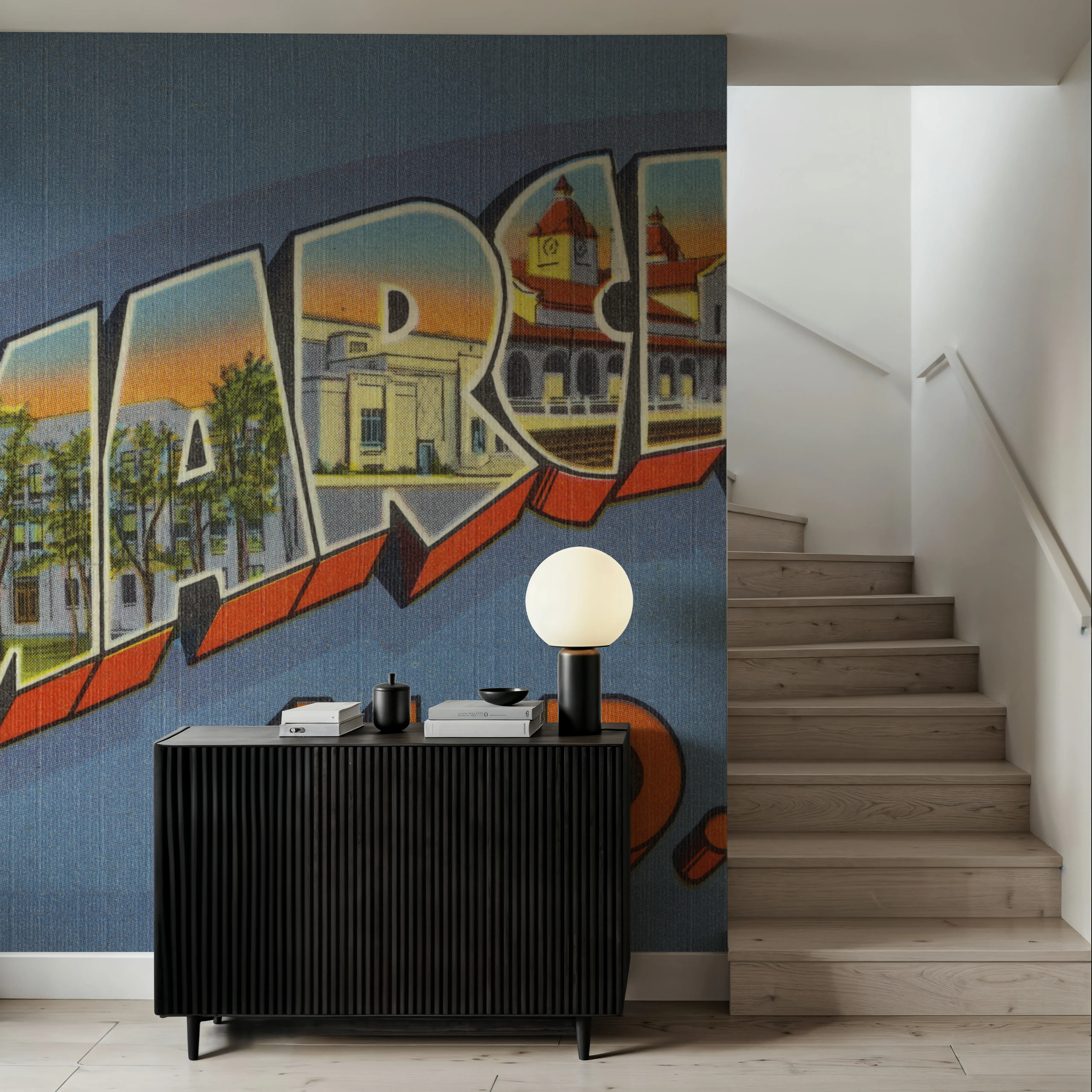 Wall Mural - Greetings from Bismarck - Screenprint Postcard - Cities Travel & Landmarks mural wallpaper - Blue - Hallway staircases - Wallism UK