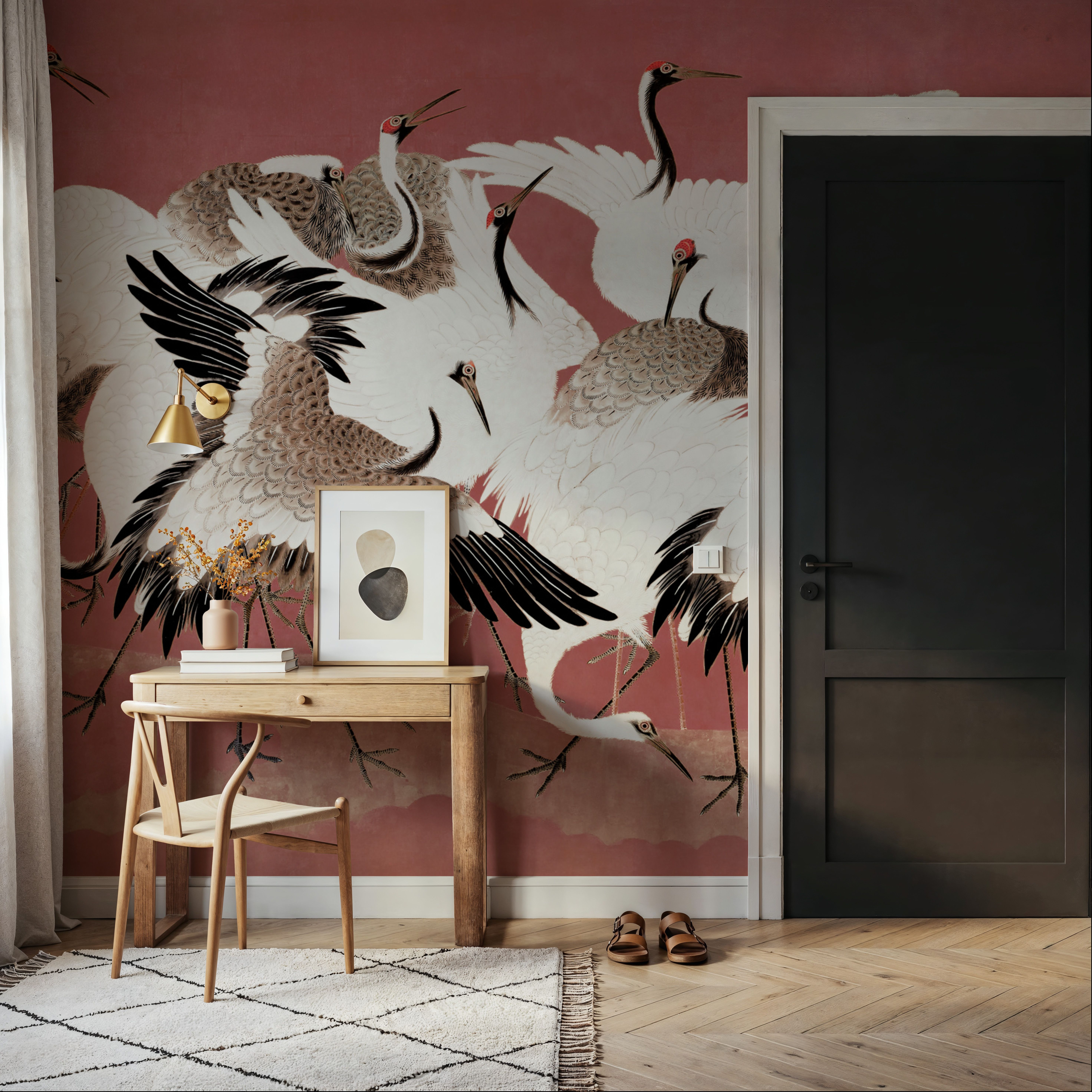 Japanese Flock of Cranes, Coral Blush