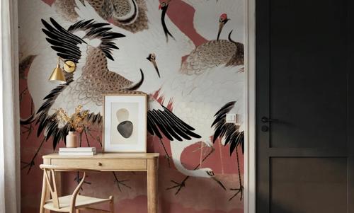 Japanese Flock of Cranes, Coral Blush