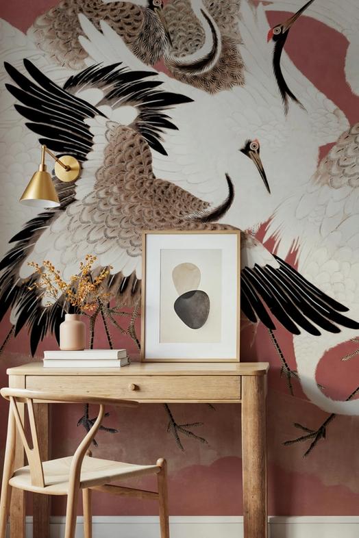 Japanese Flock of Cranes, Coral Blush