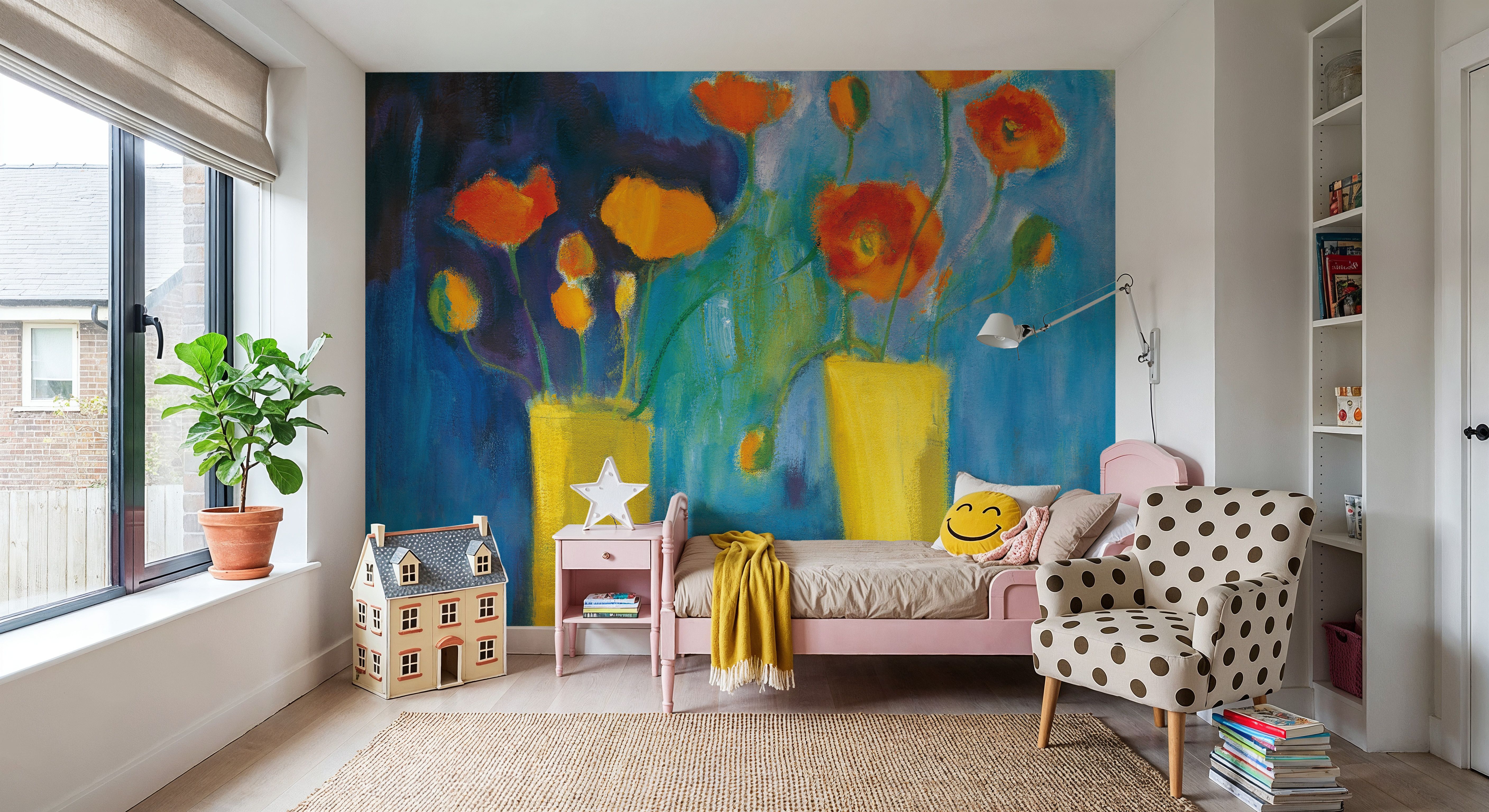 Cadmium Orange Poppies on Blue, Wallpaper