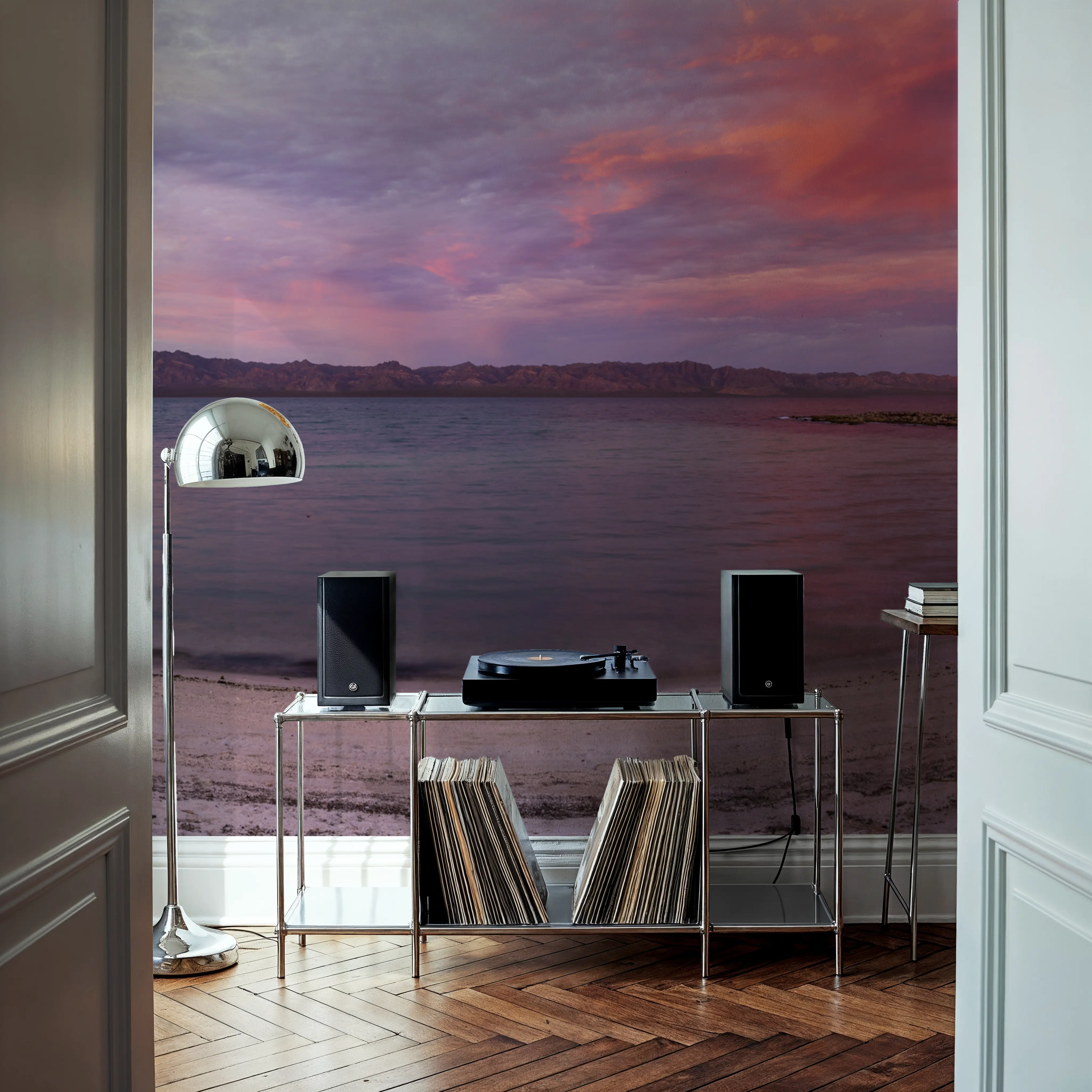 Fotobehang - La Perla Sunrise - Strand Landschappen Mural - Roze - Gangtrappen - Wallism België - Zelfklevend of Vliesbehang