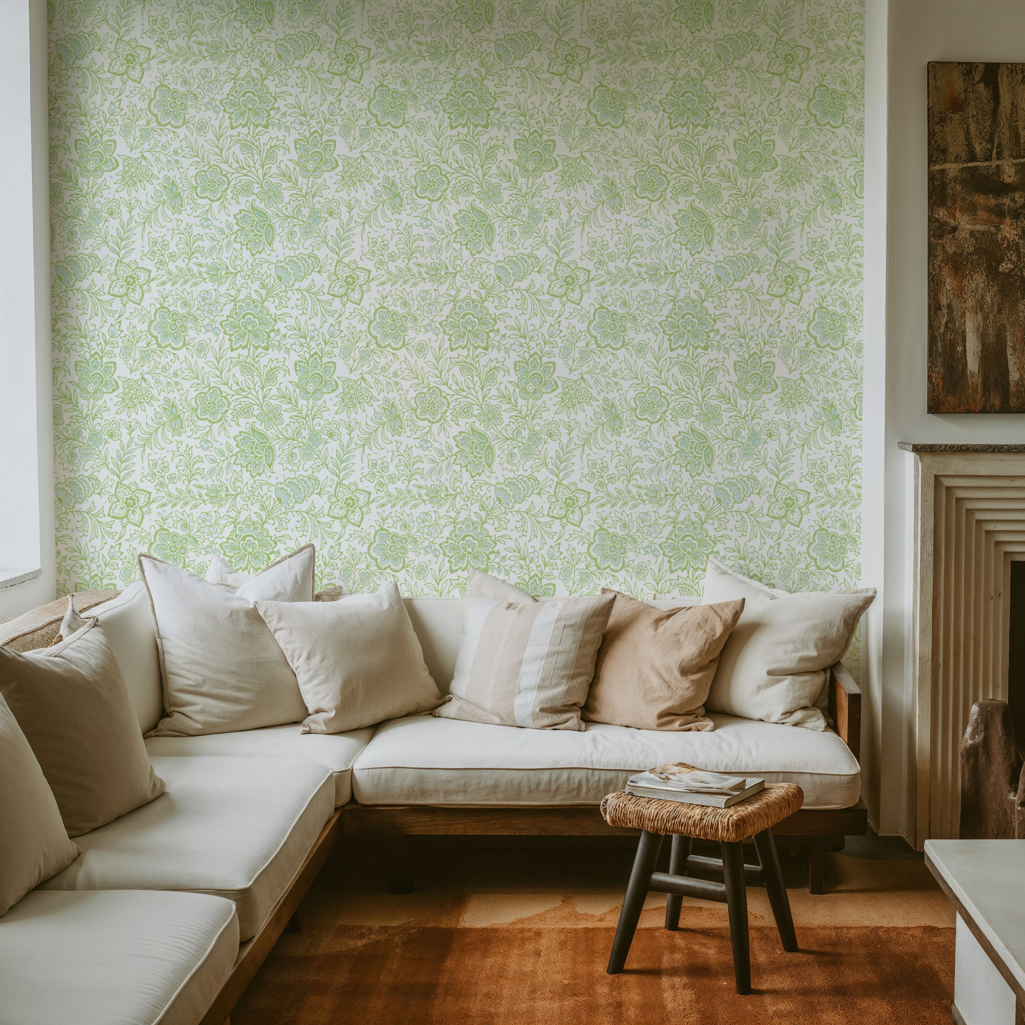 Kala Flowers Green on White, Wallpaper