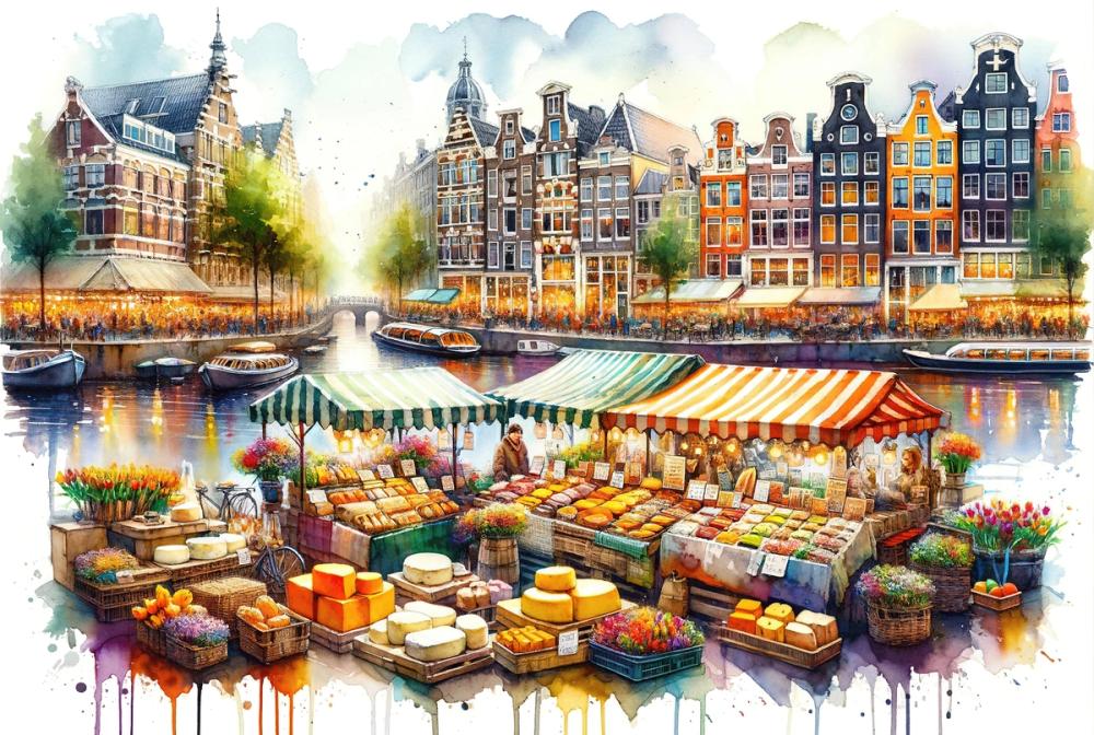 Watercolor Market Scene Dutch Cheeses